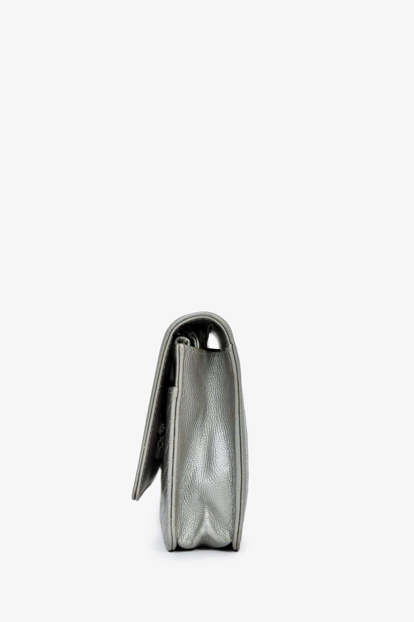 Chanel™ 2016 Silver Metallic Caviar Leather Chevron Wallet on Chain
