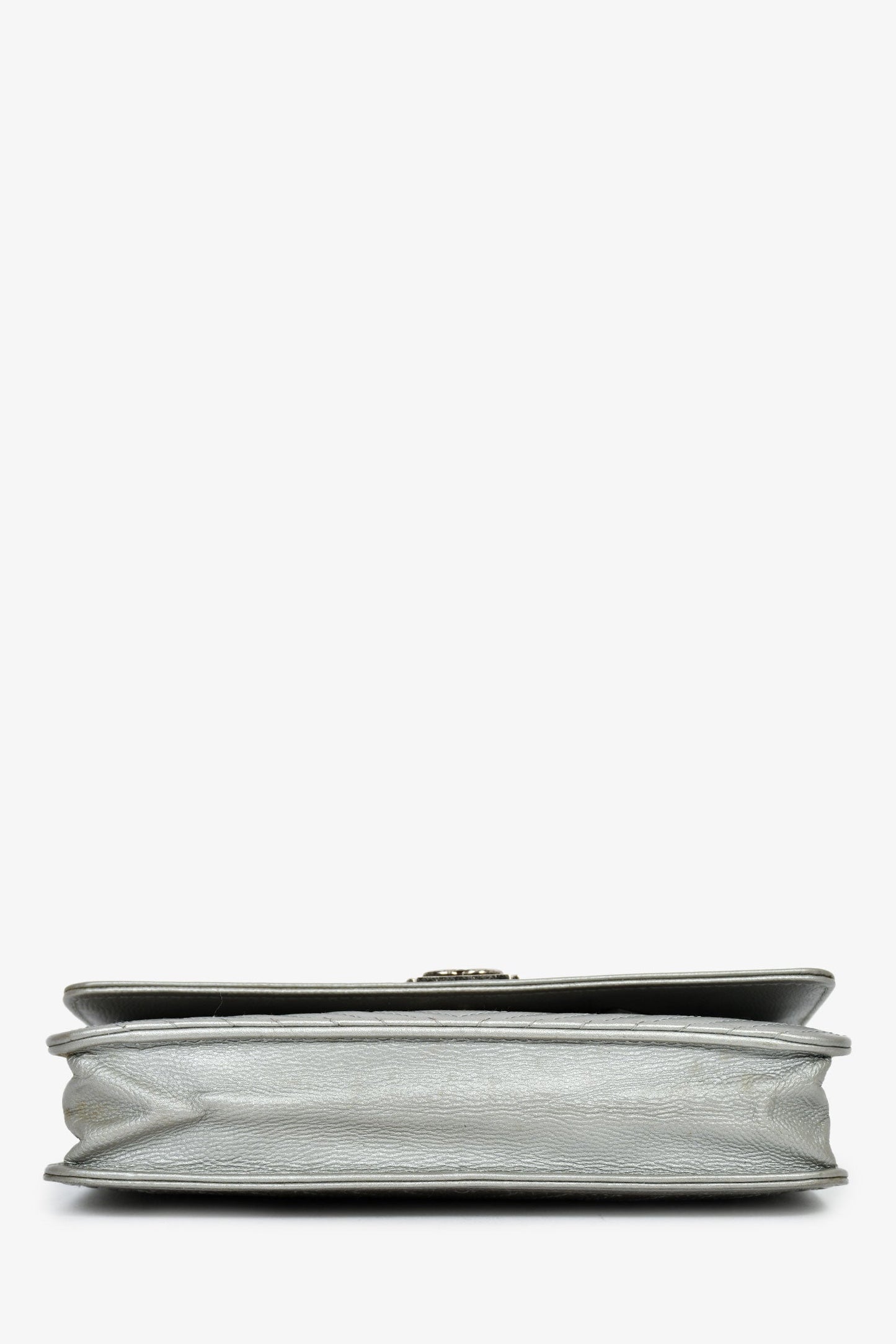 Chanel™ 2016 Silver Metallic Caviar Leather Chevron Wallet on Chain