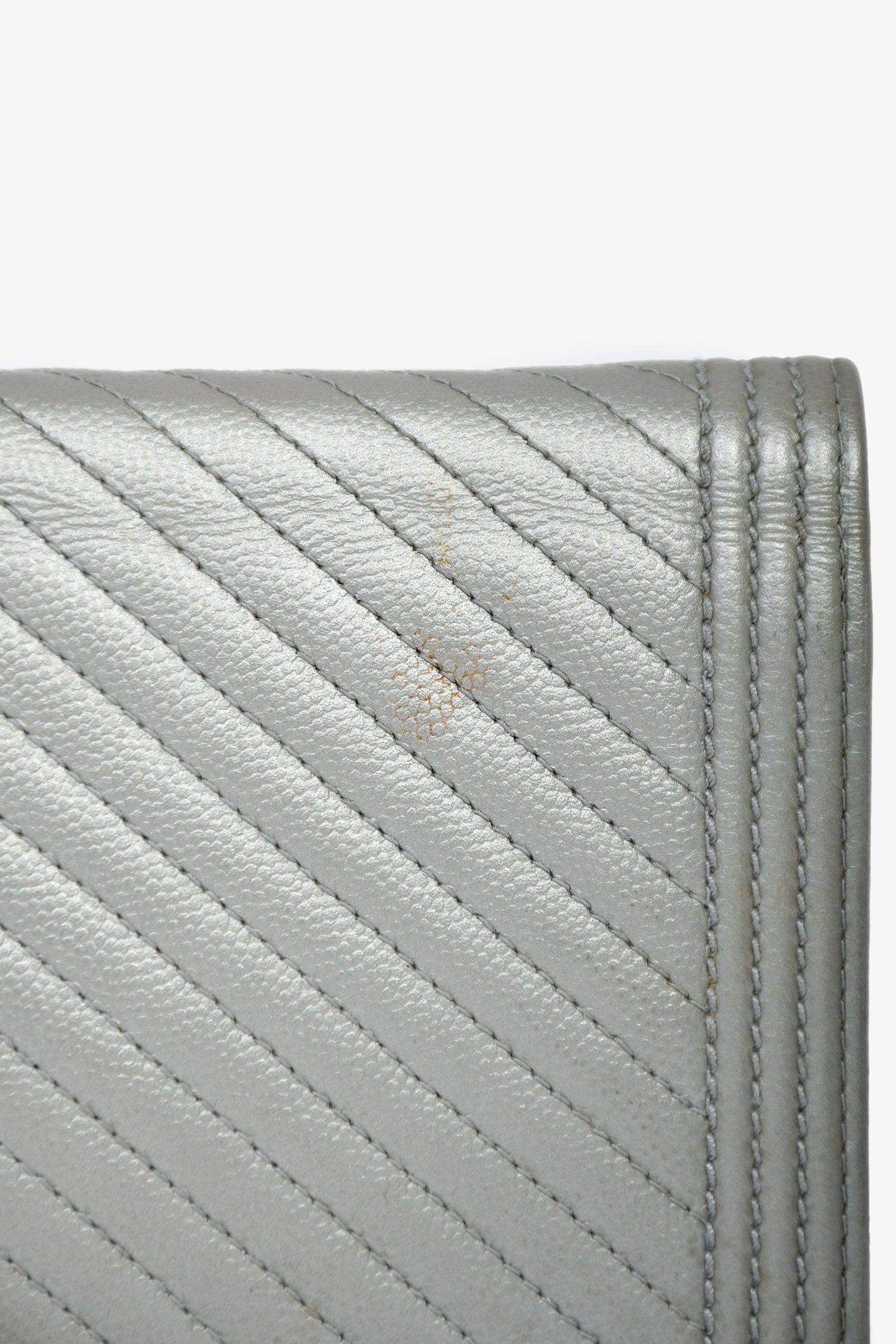 Chanel™ 2016 Silver Metallic Caviar Leather Chevron Wallet on Chain