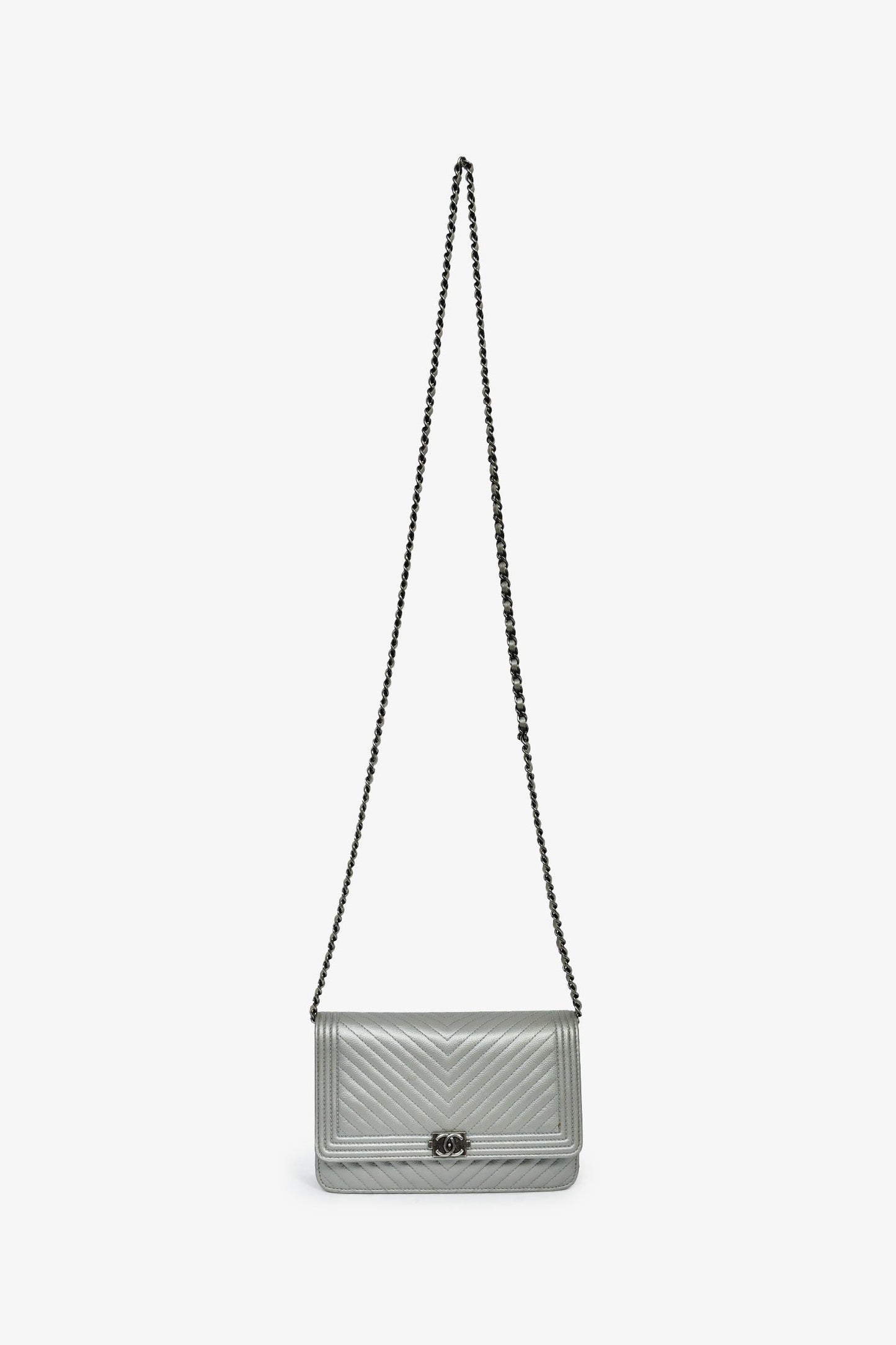 Chanel™ 2016 Silver Metallic Caviar Leather Chevron Wallet on Chain