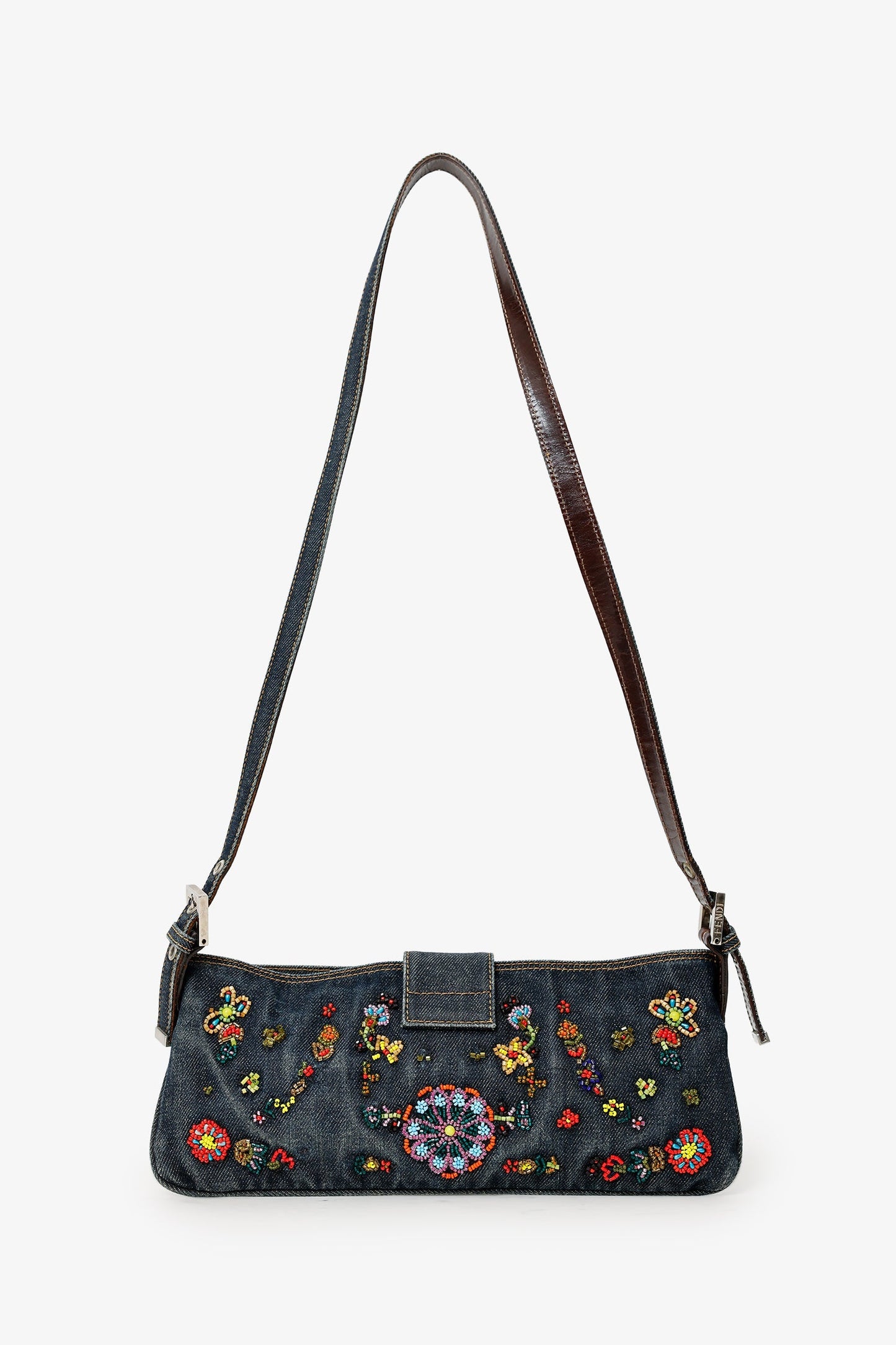 Fendi Blue Denim Beaded Baguette Pochette