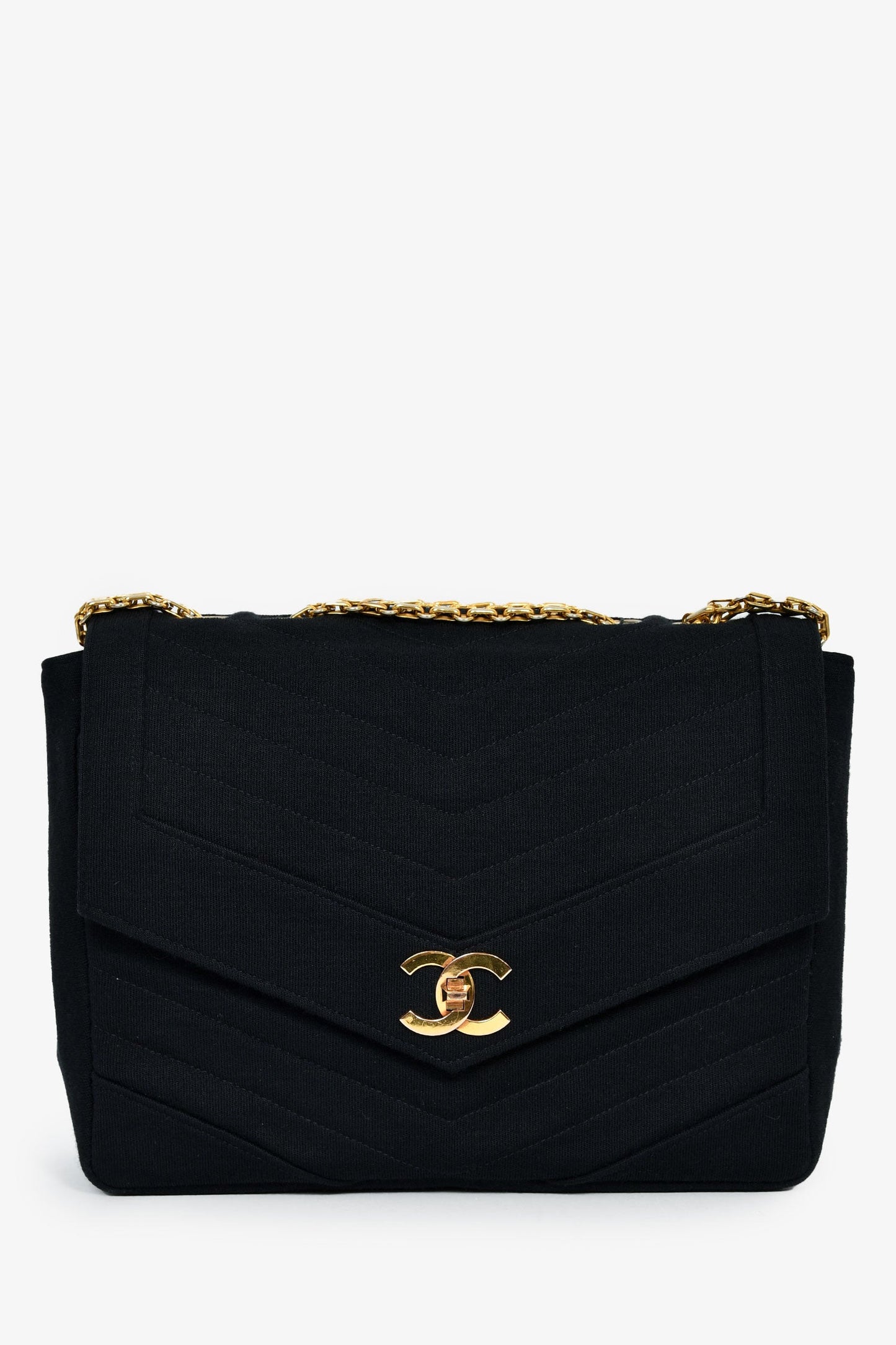 Chanel™ Vintage Black Jersey Chevron-Quilting Chain Bag