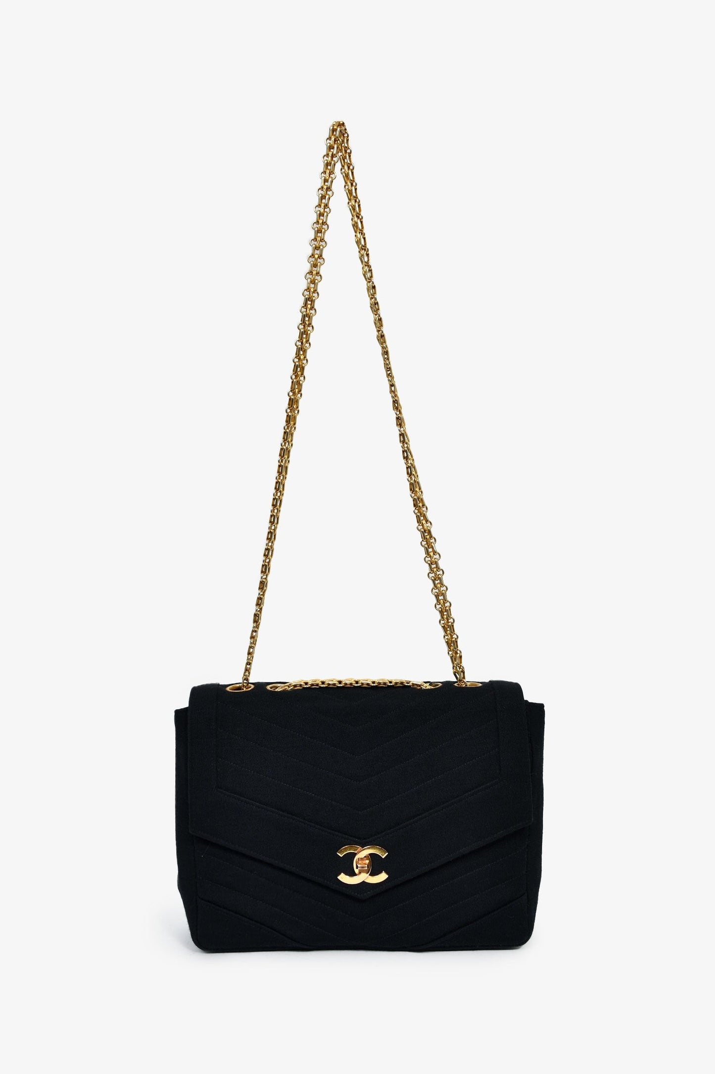 Chanel™ Vintage Black Jersey Chevron-Quilting Chain Bag