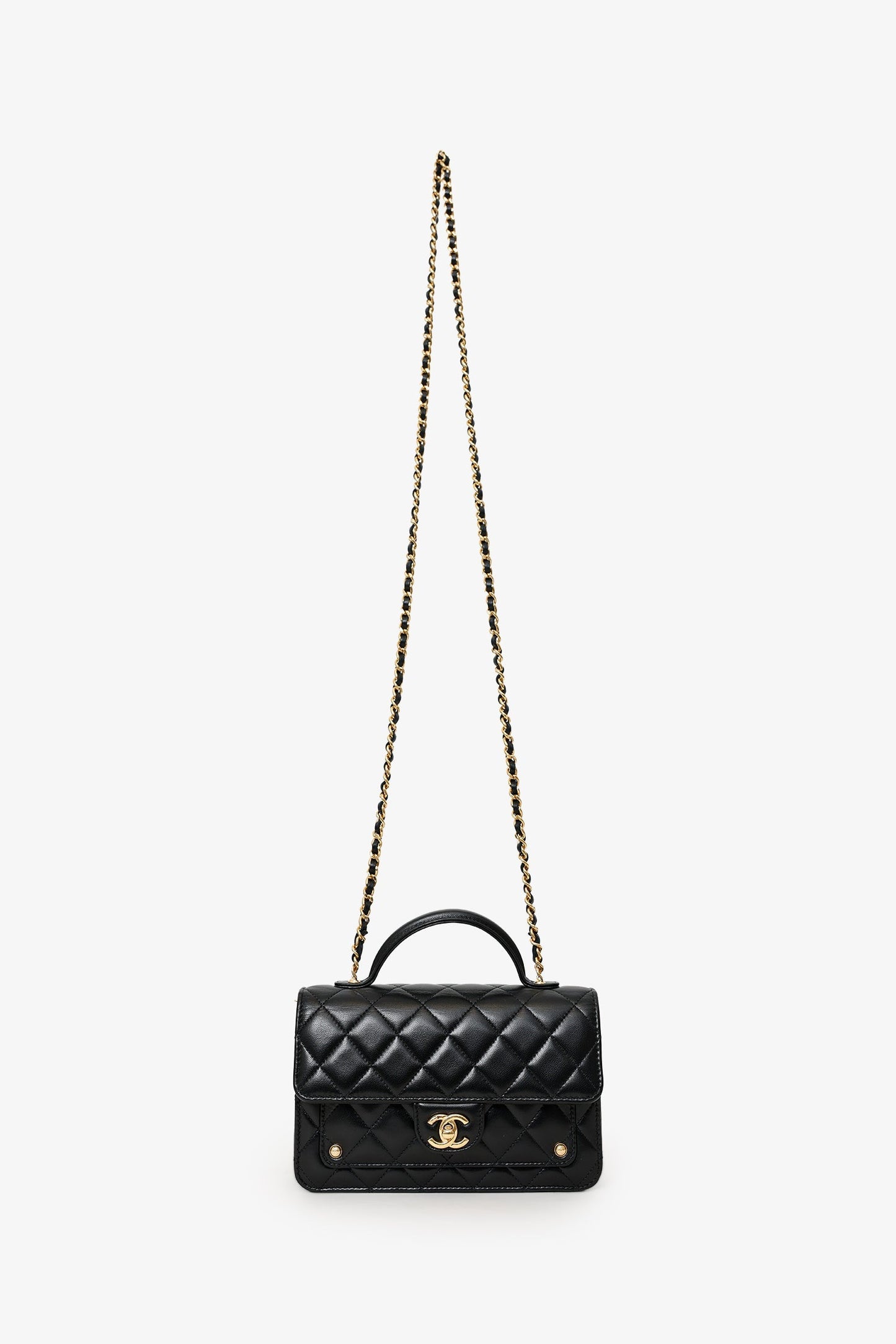 Chanel™ 25B Black Lambskin Quilted Top Handle Wallet On Chain