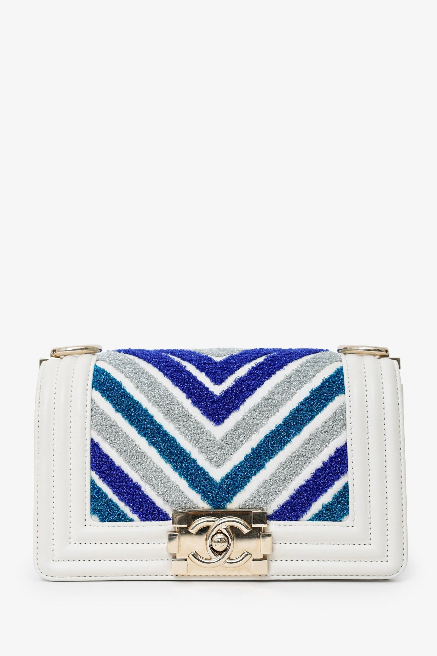 Chanel™ 2019 White/Blue Chevron Small Boy Shoulder Bag