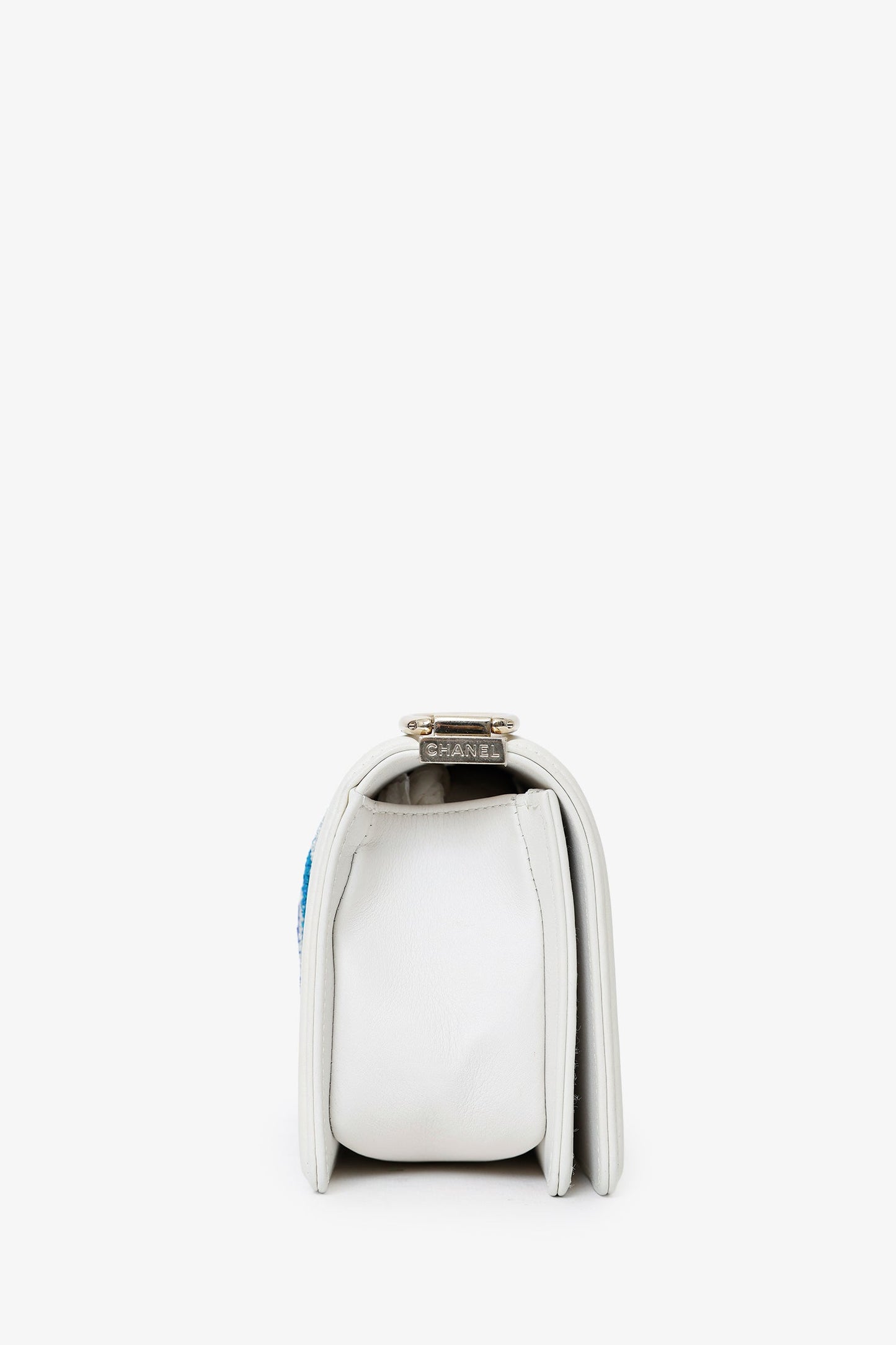 Chanel™ 2019 White/Blue Chevron Small Boy Shoulder Bag