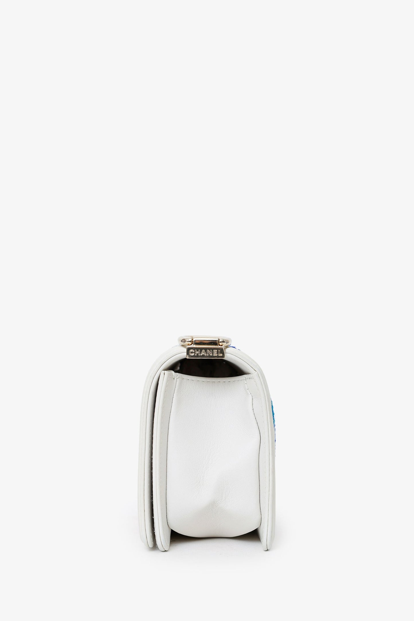 Chanel™ 2019 White/Blue Chevron Small Boy Shoulder Bag