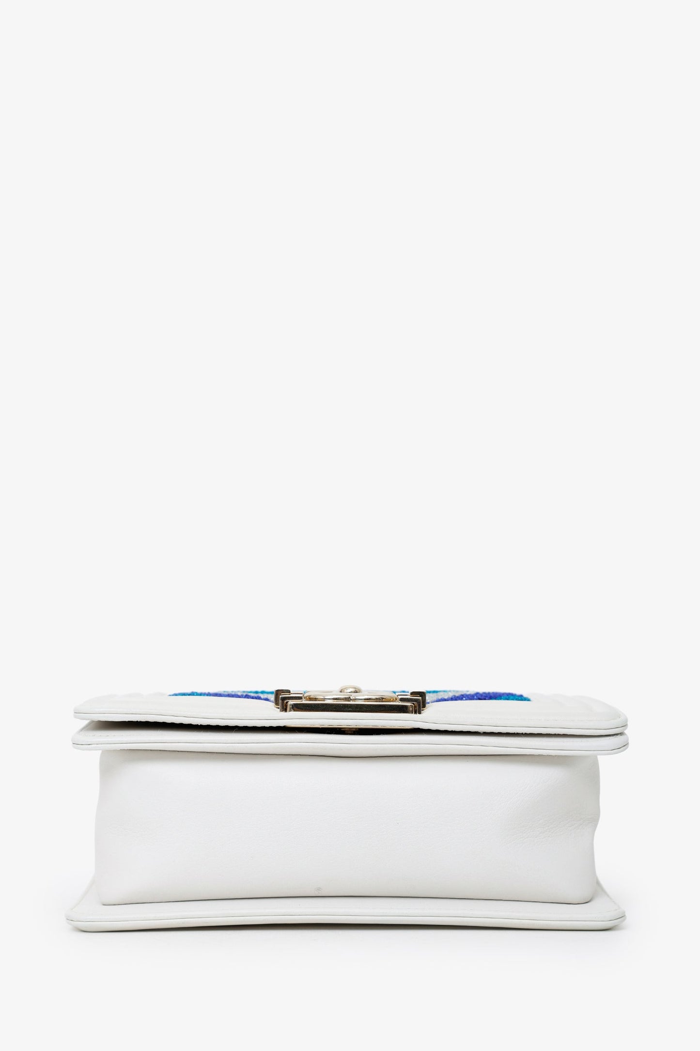 Chanel™ 2019 White/Blue Chevron Small Boy Shoulder Bag