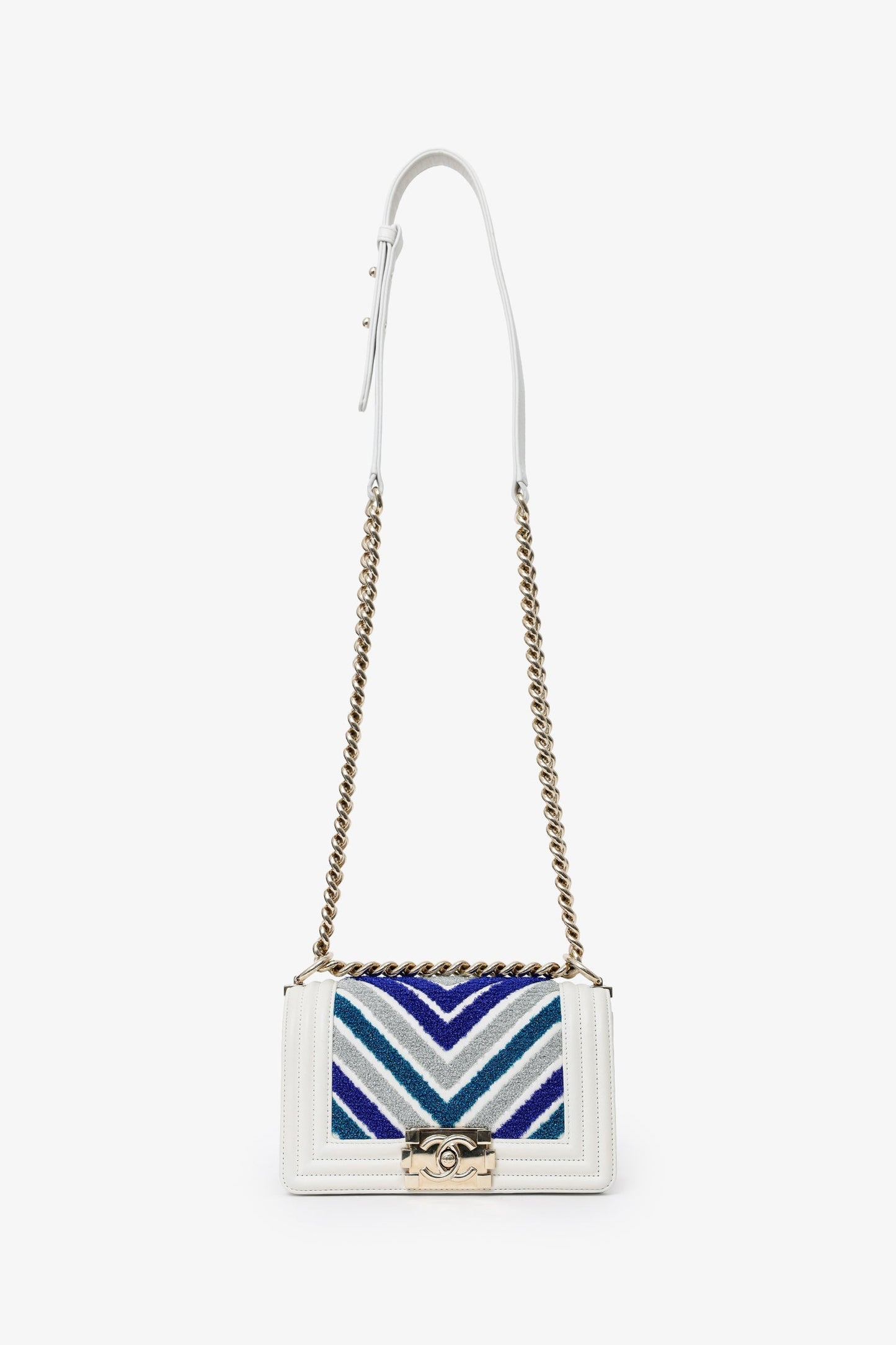Chanel™ 2019 White/Blue Chevron Small Boy Shoulder Bag