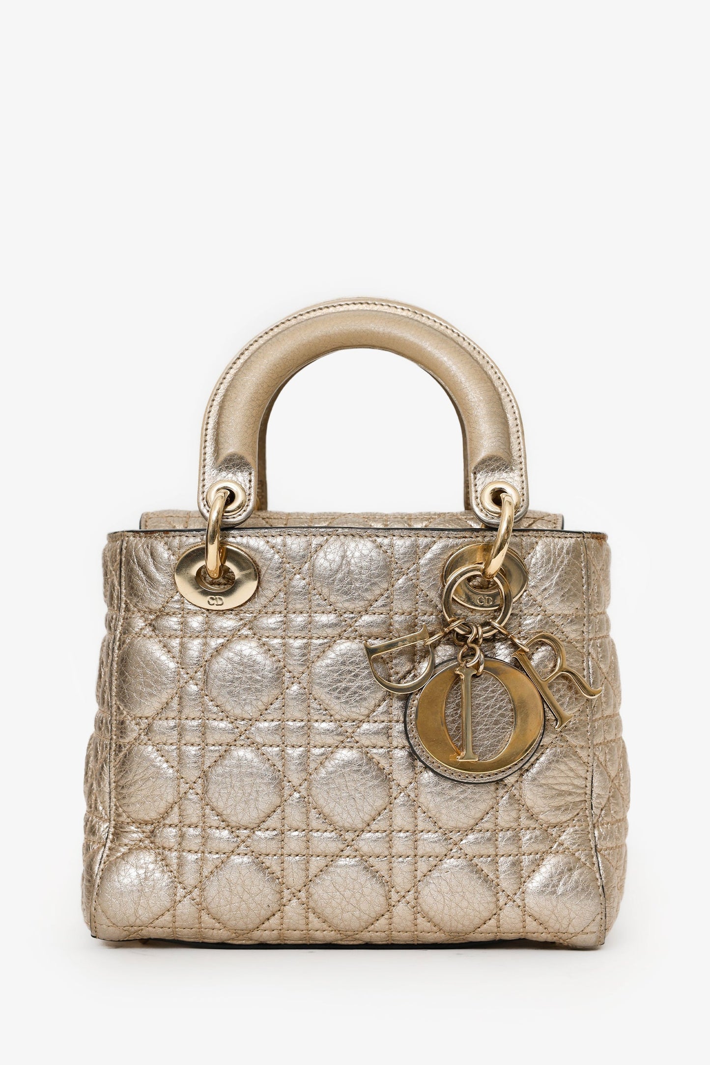 Christian Dior 2017 Gold Metallic Cannage Small Supple Lady Dior With Strap