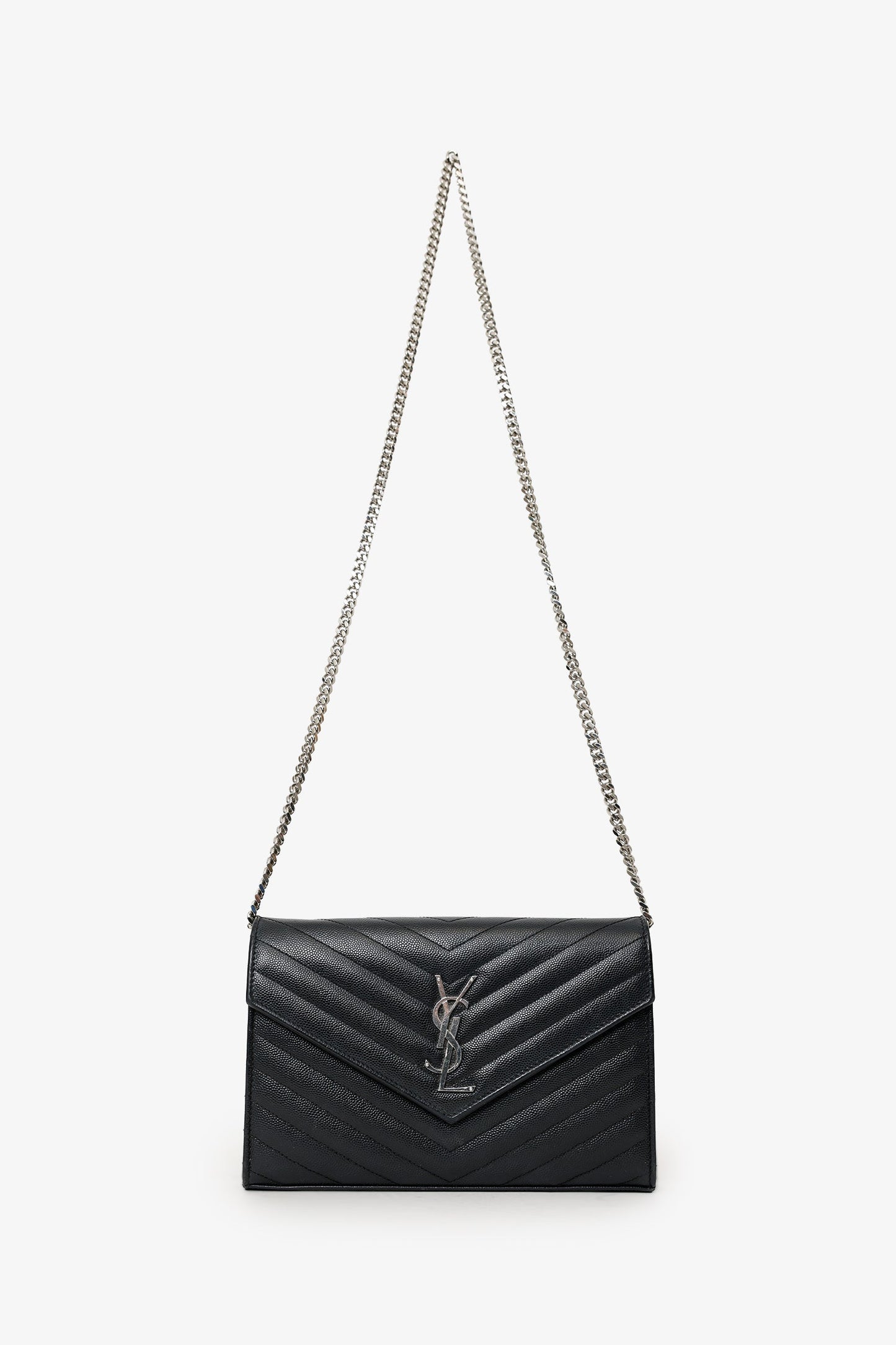 Saint Laurent Black Chevron Leather Envelope Wallet On Chain