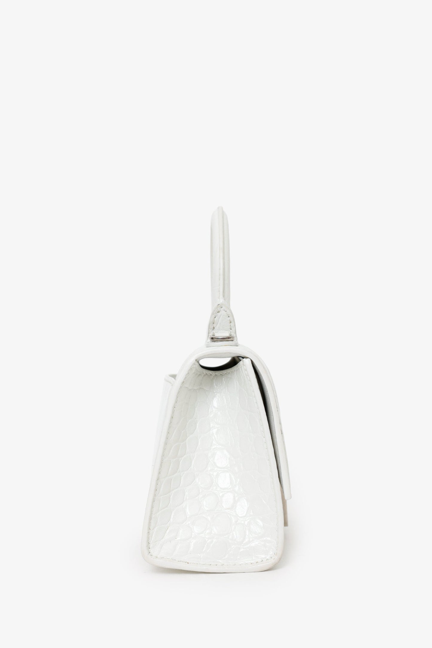 Balenciaga White Croc Embossed XS Hourglass Top Handle Bag With Strap