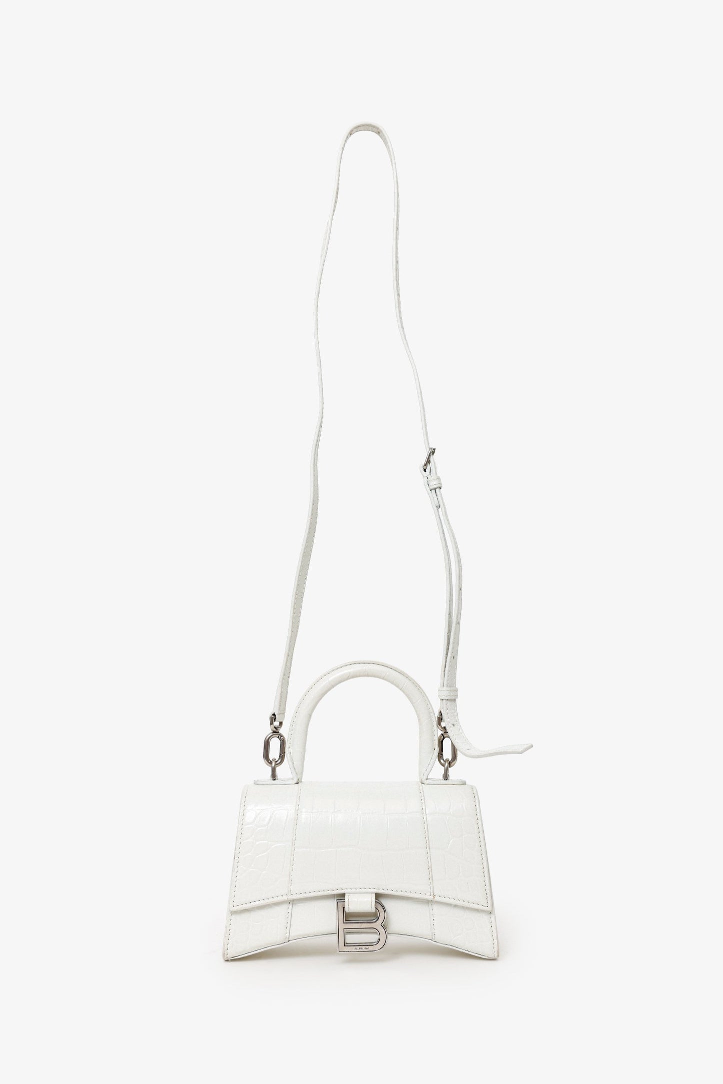 Balenciaga White Croc Embossed XS Hourglass Top Handle Bag With Strap