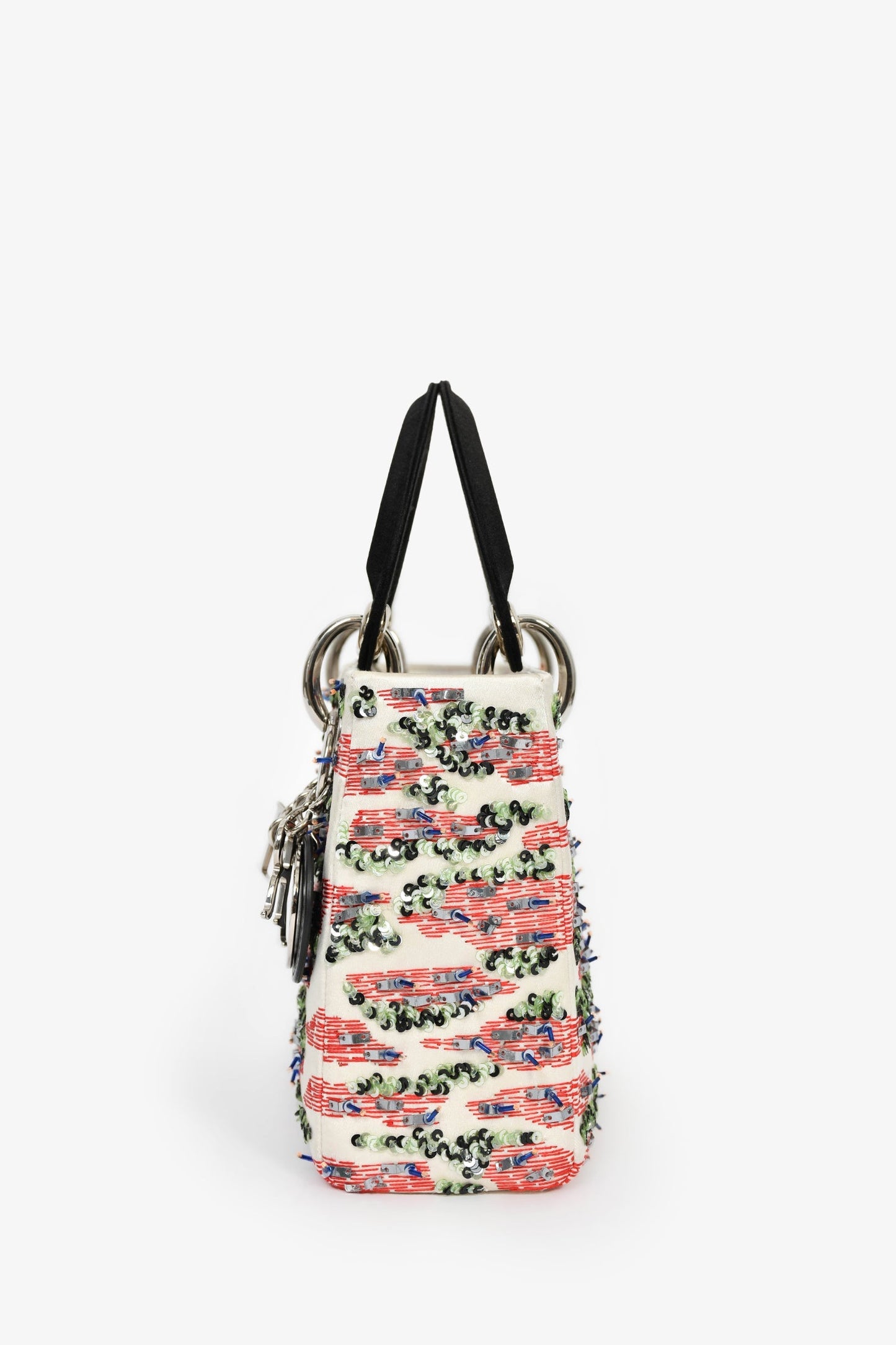 Christian Dior 2014 Cream Satin Multi Sequin Mini Lady Dior Top Handle with Strap