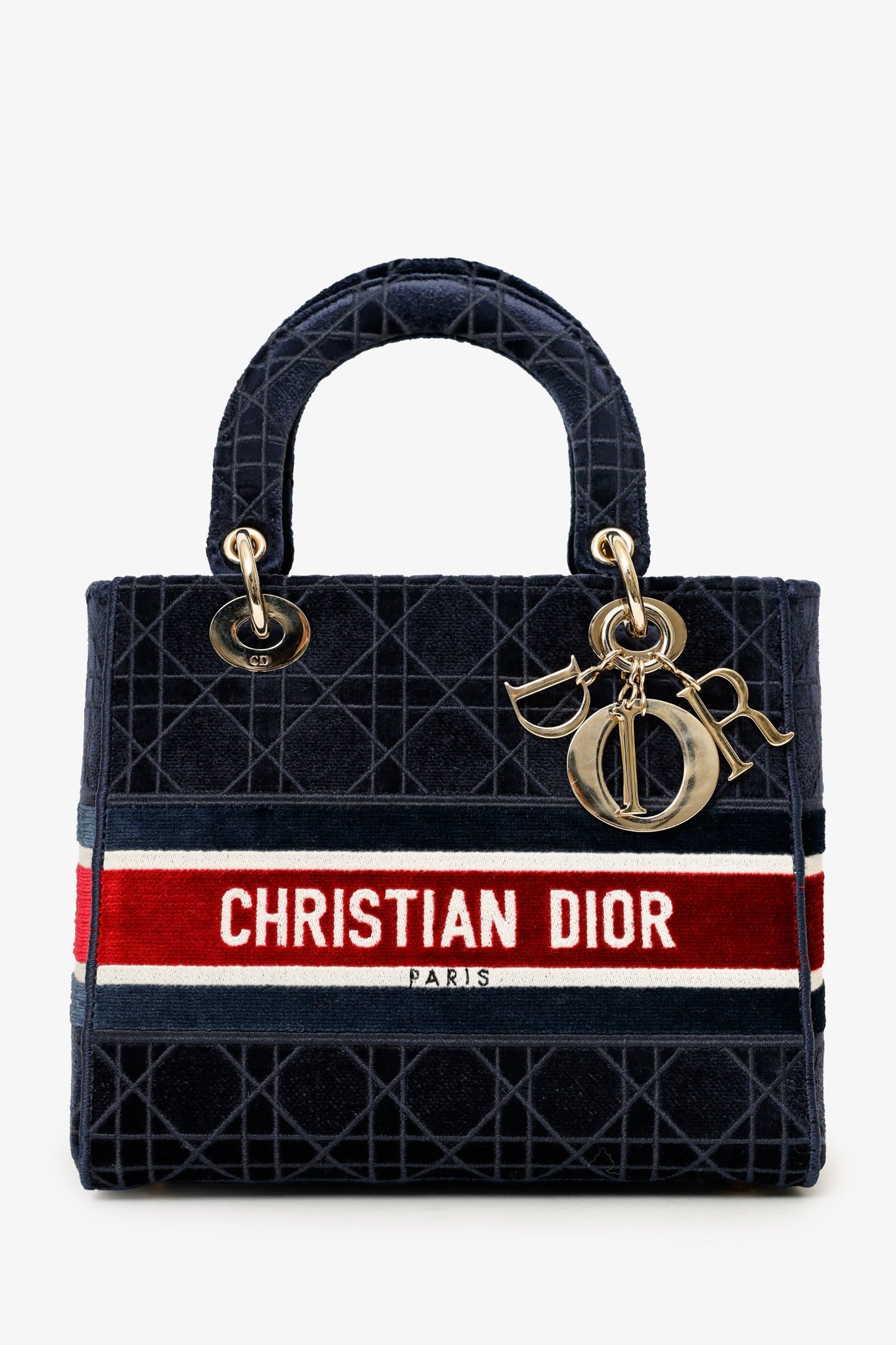 Christian Dior 2021 Blue Velvet 'Cannage D-Lite' Medium Bag With Strap
