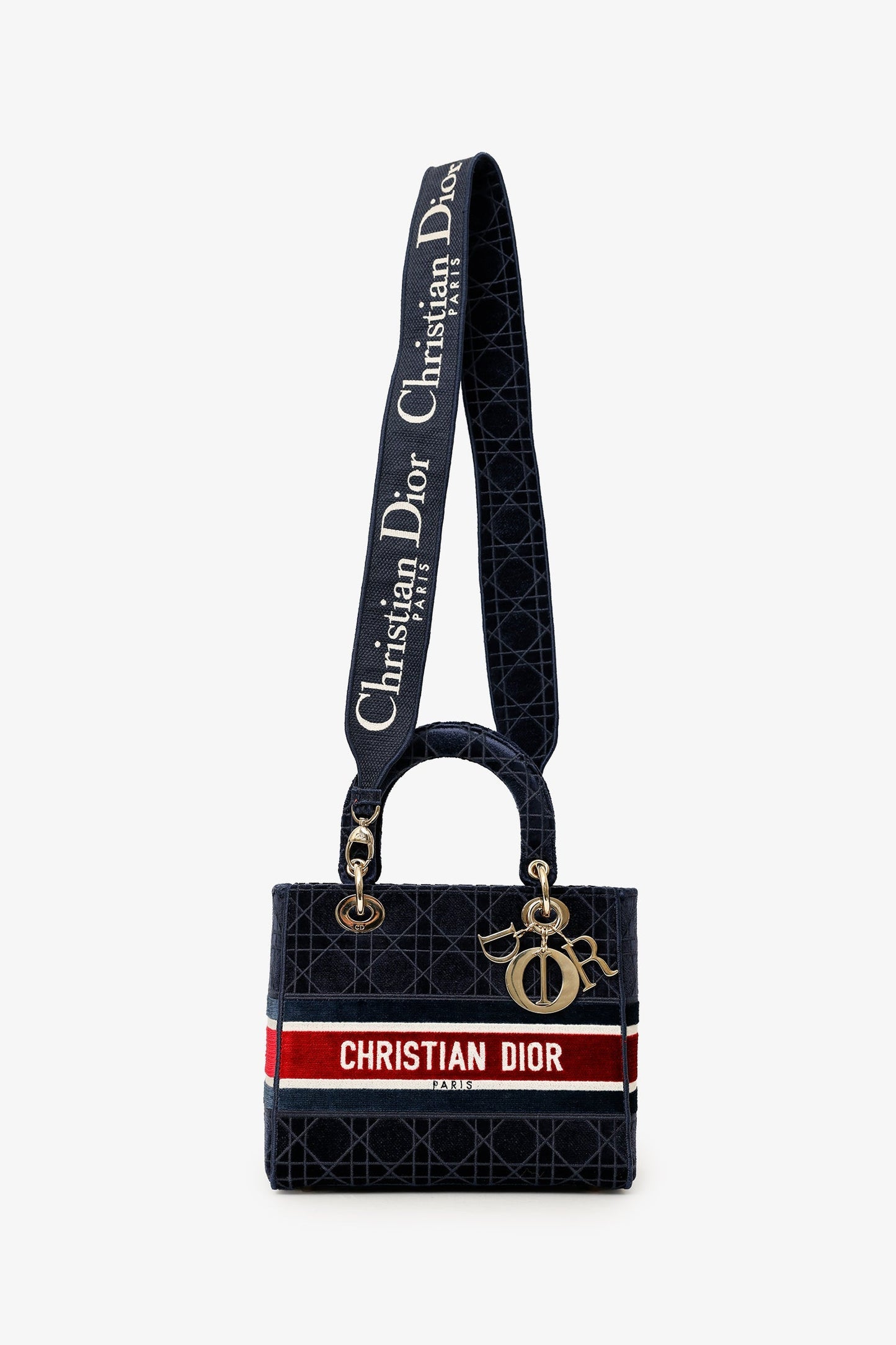 Christian Dior 2021 Blue Velvet 'Cannage D-Lite' Medium Bag With Strap