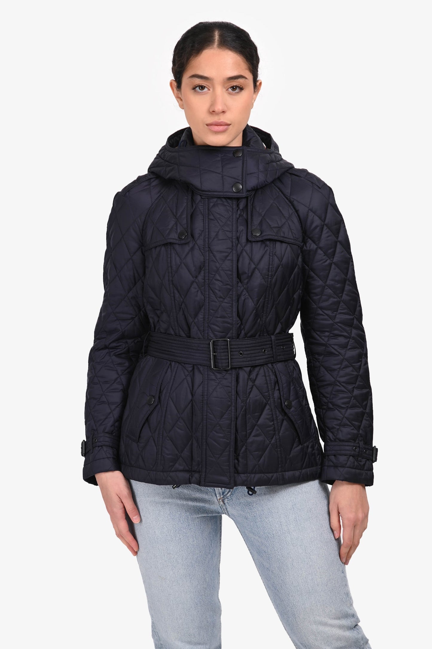 Burberry Navy Nylon Quilted Belted Short Coat Size S