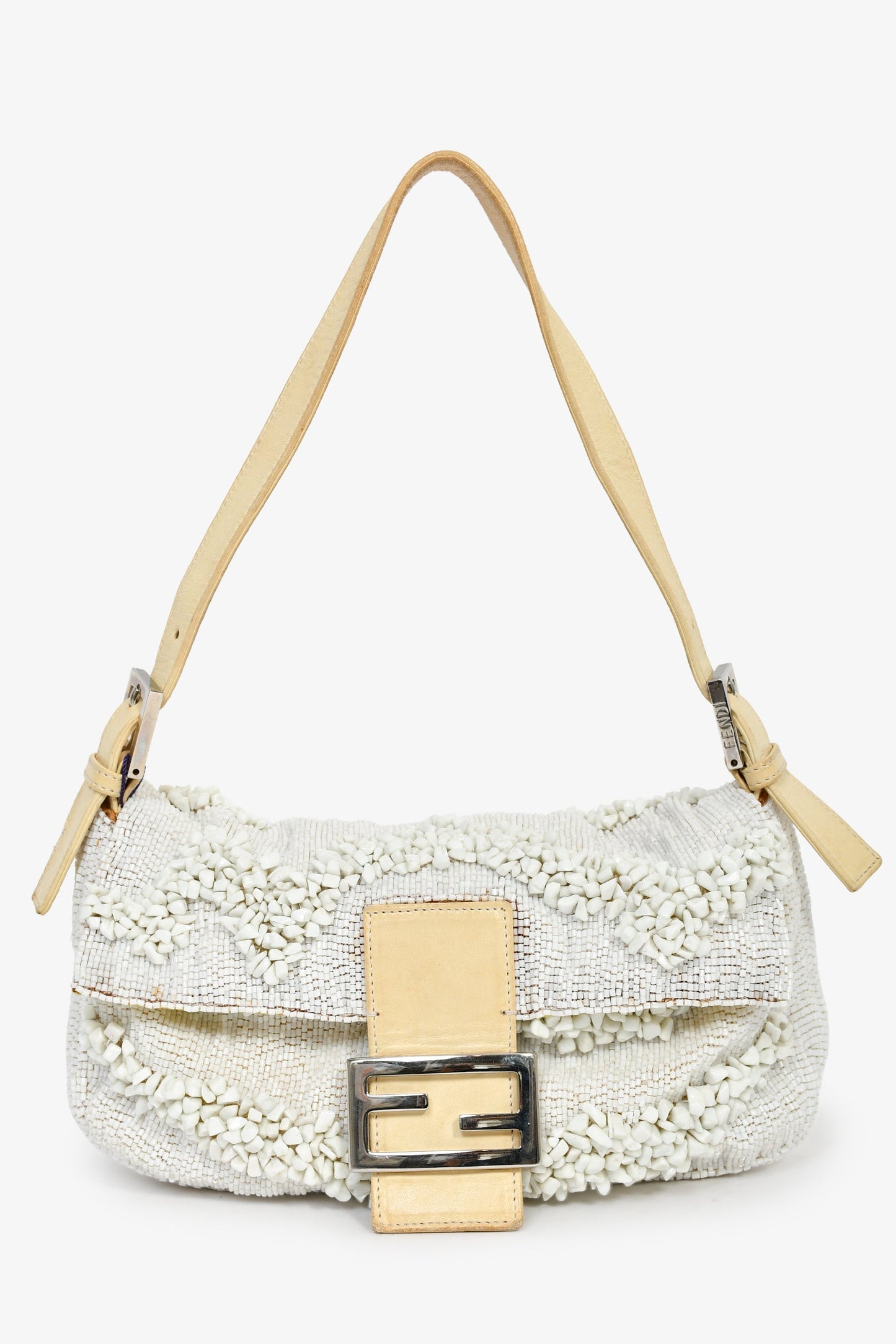 Fendi White/Beige Beaded Baguette Shoulder Bag