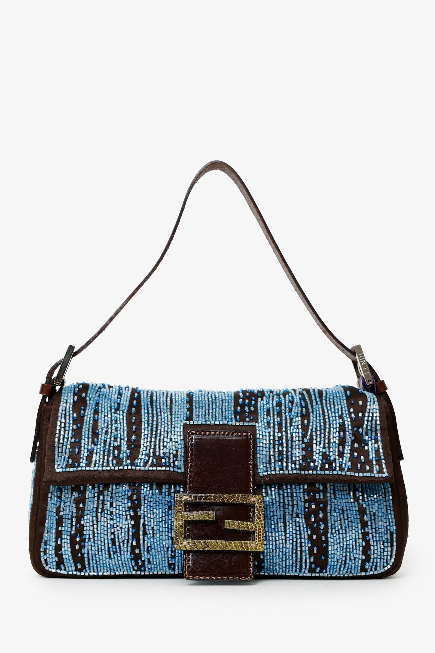 Fendi Brown/Blue Satin Beaded Baguette Shoulder Bag