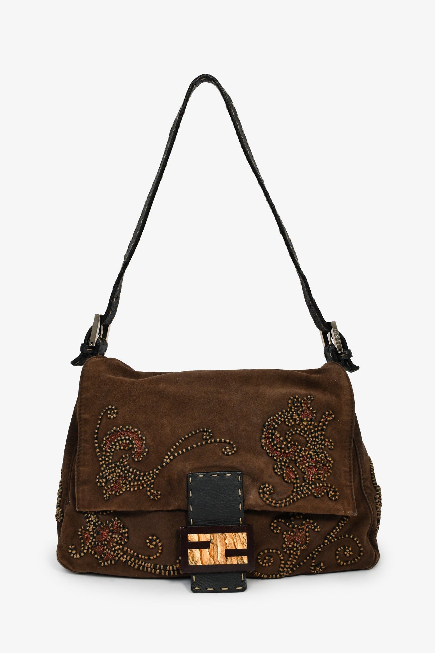 Fendi Brown Suede Selleria Mama Baguette Shoulder Bag
