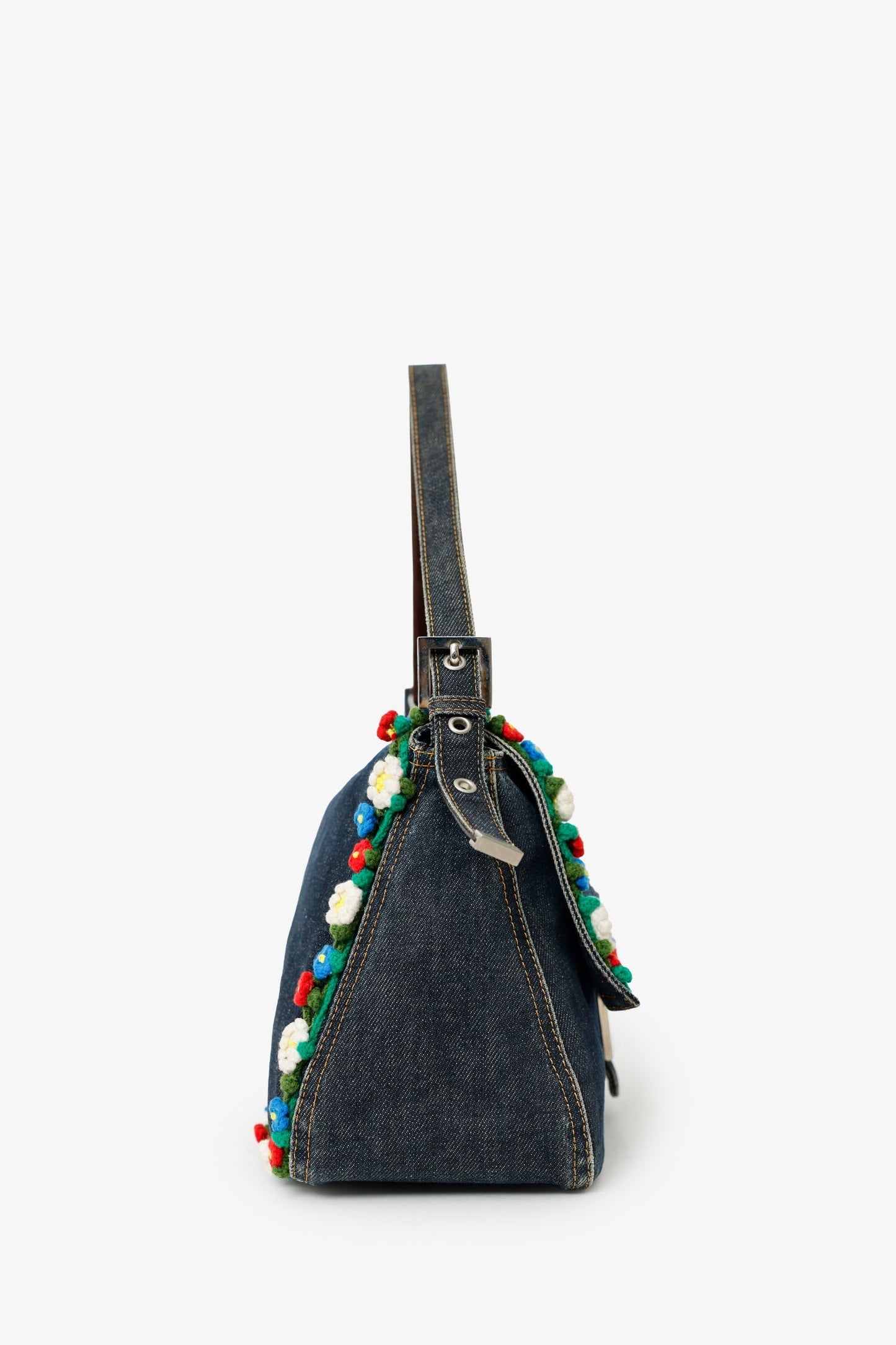 Fendi Blue Denim Crochet Floral Embellished Mama Baguette Shoulder Bag
