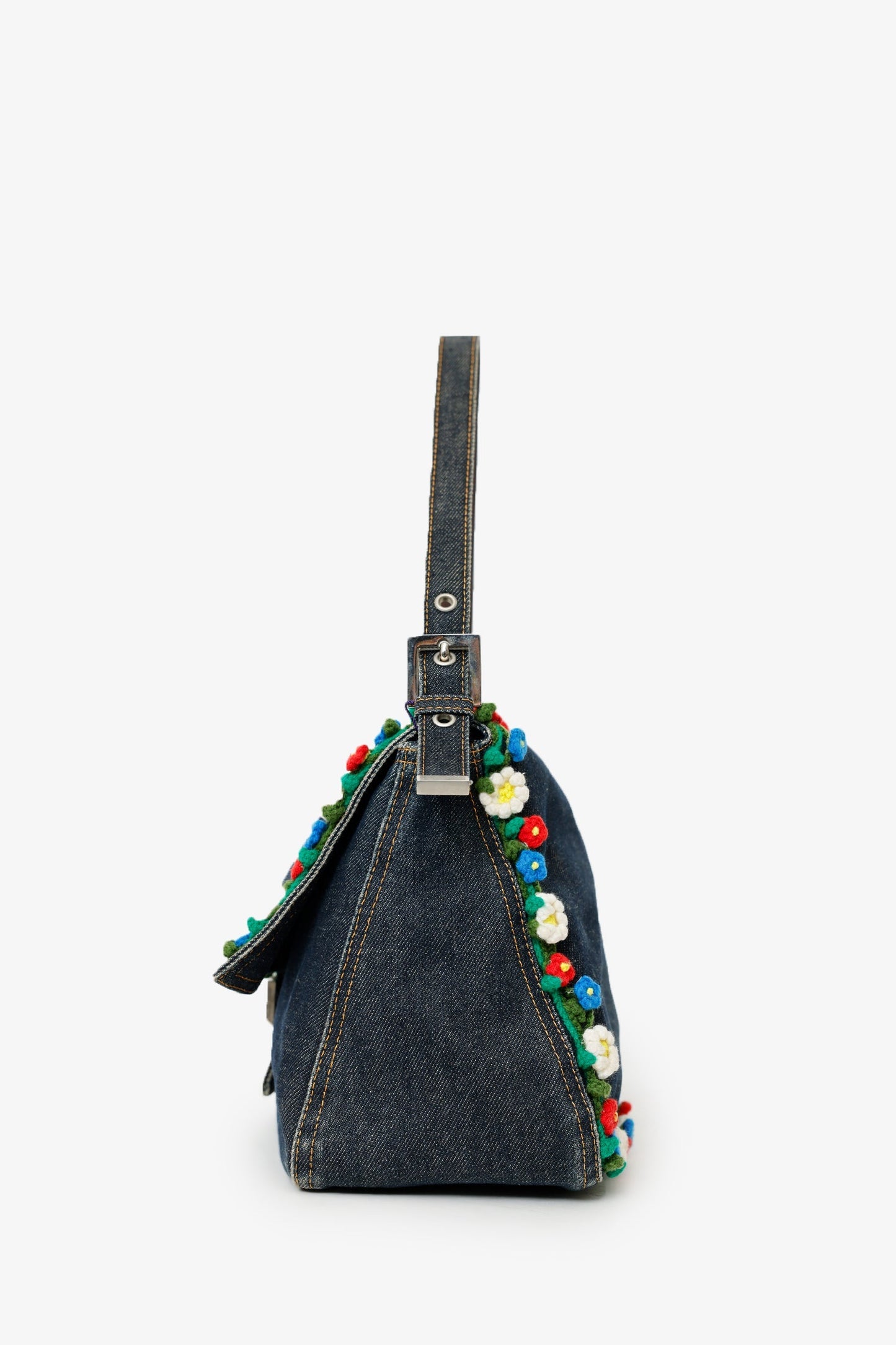 Fendi Blue Denim Crochet Floral Embellished Mama Baguette Shoulder Bag