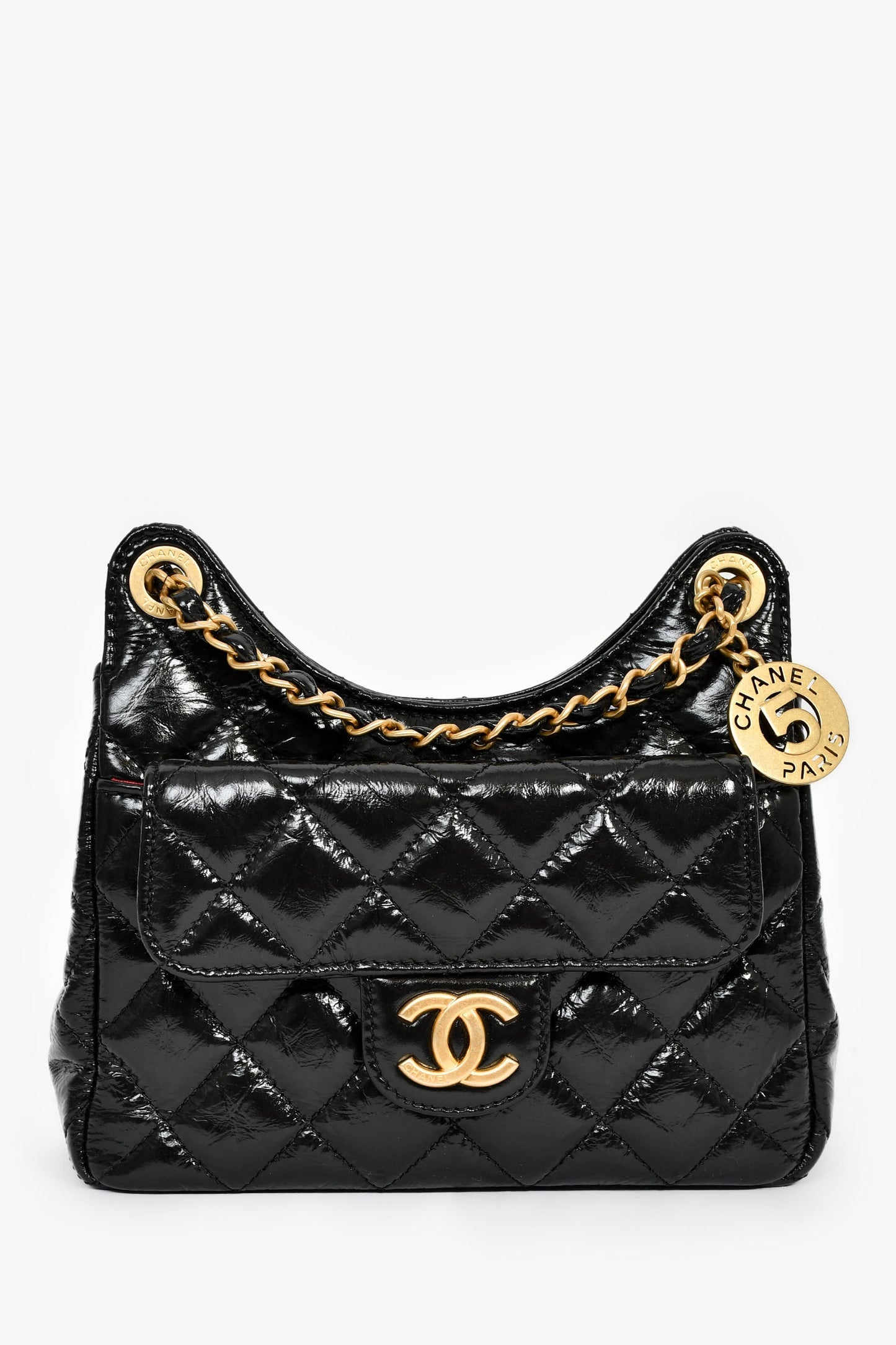 Chanel™ 2023 Black Patent Leather 'Wavy' CC Shoulder Bag