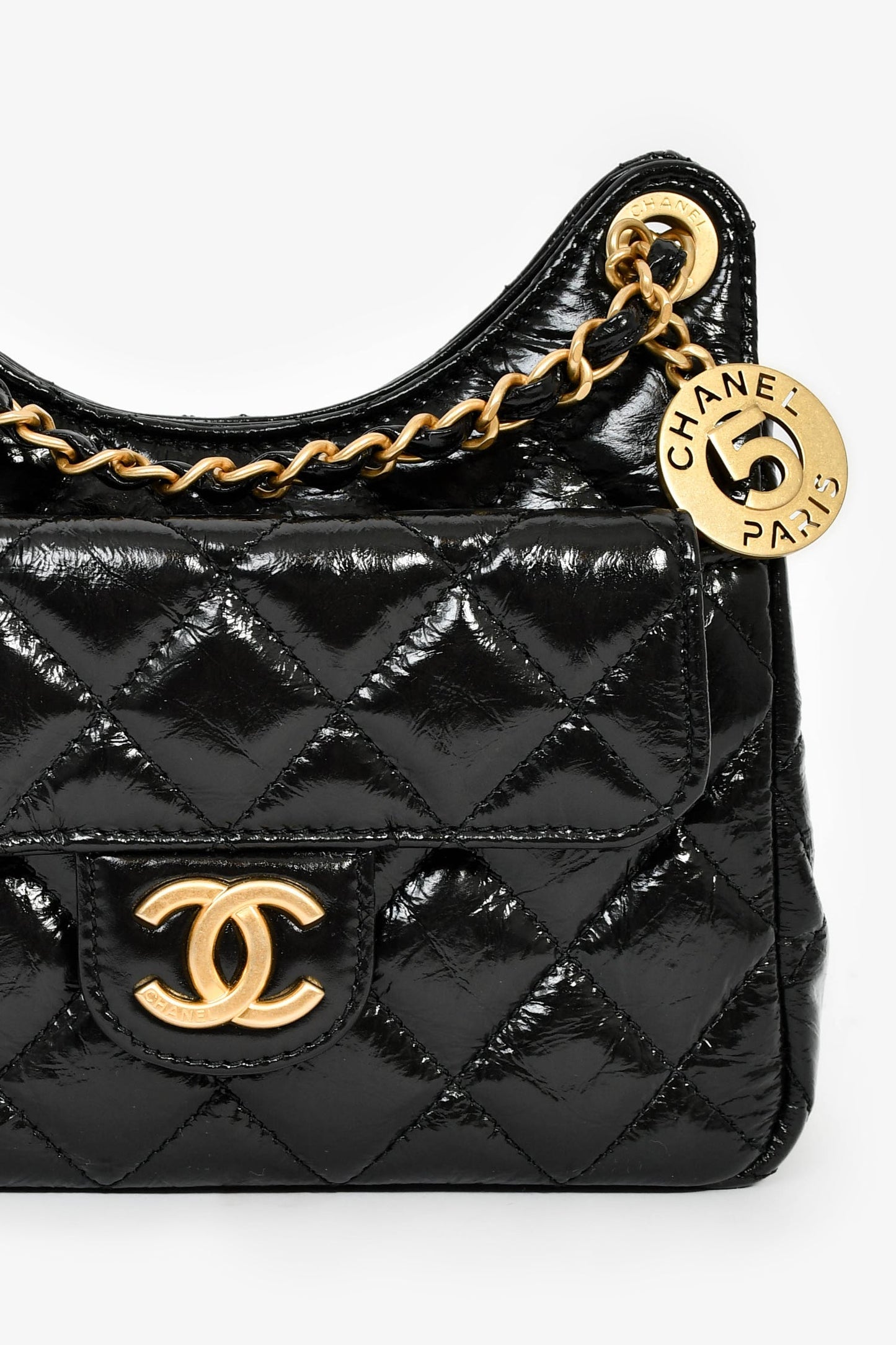 Chanel™ 2023 Black Patent Leather 'Wavy' CC Shoulder Bag