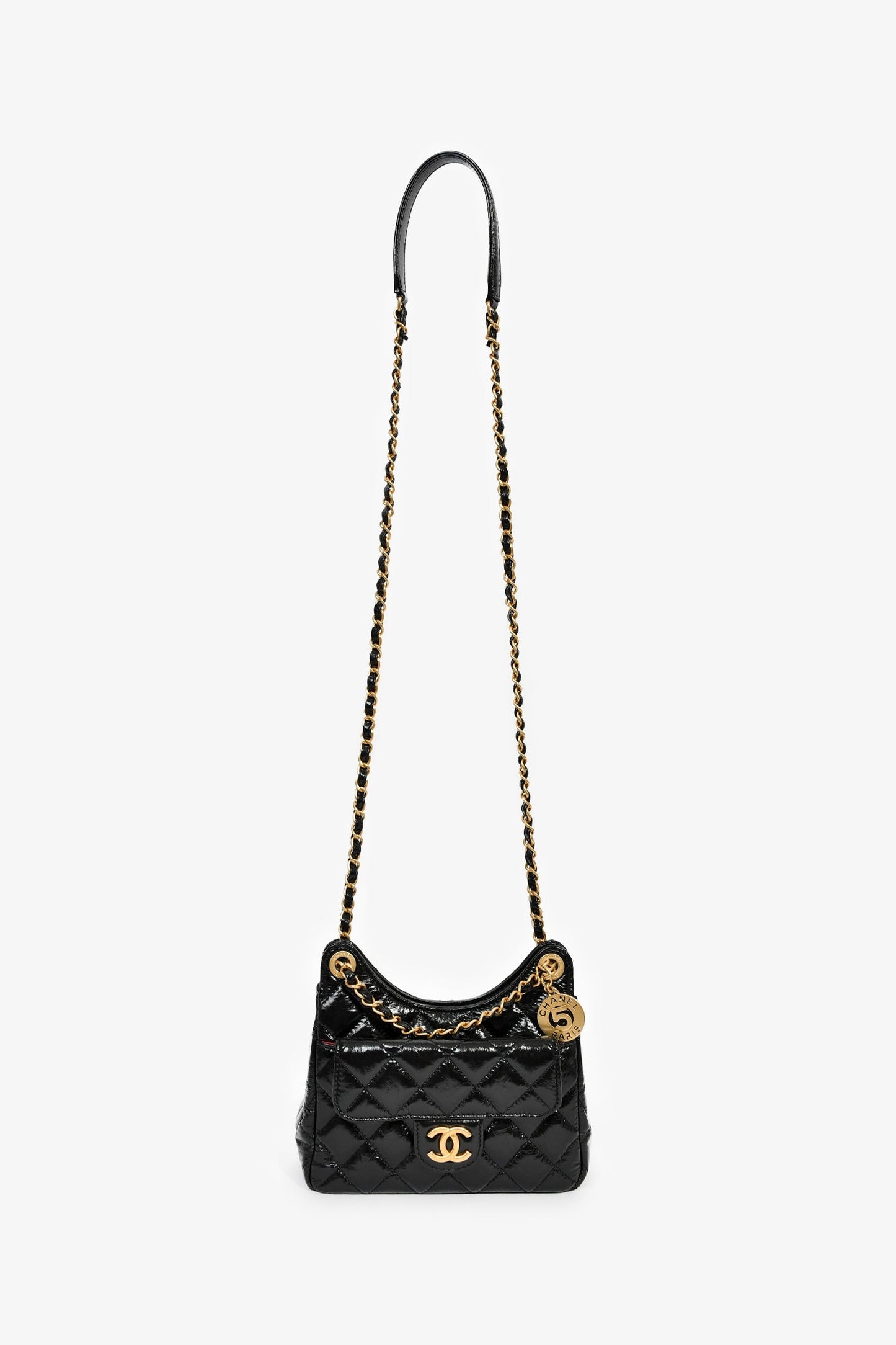 Chanel™ 2023 Black Patent Leather 'Wavy' CC Shoulder Bag