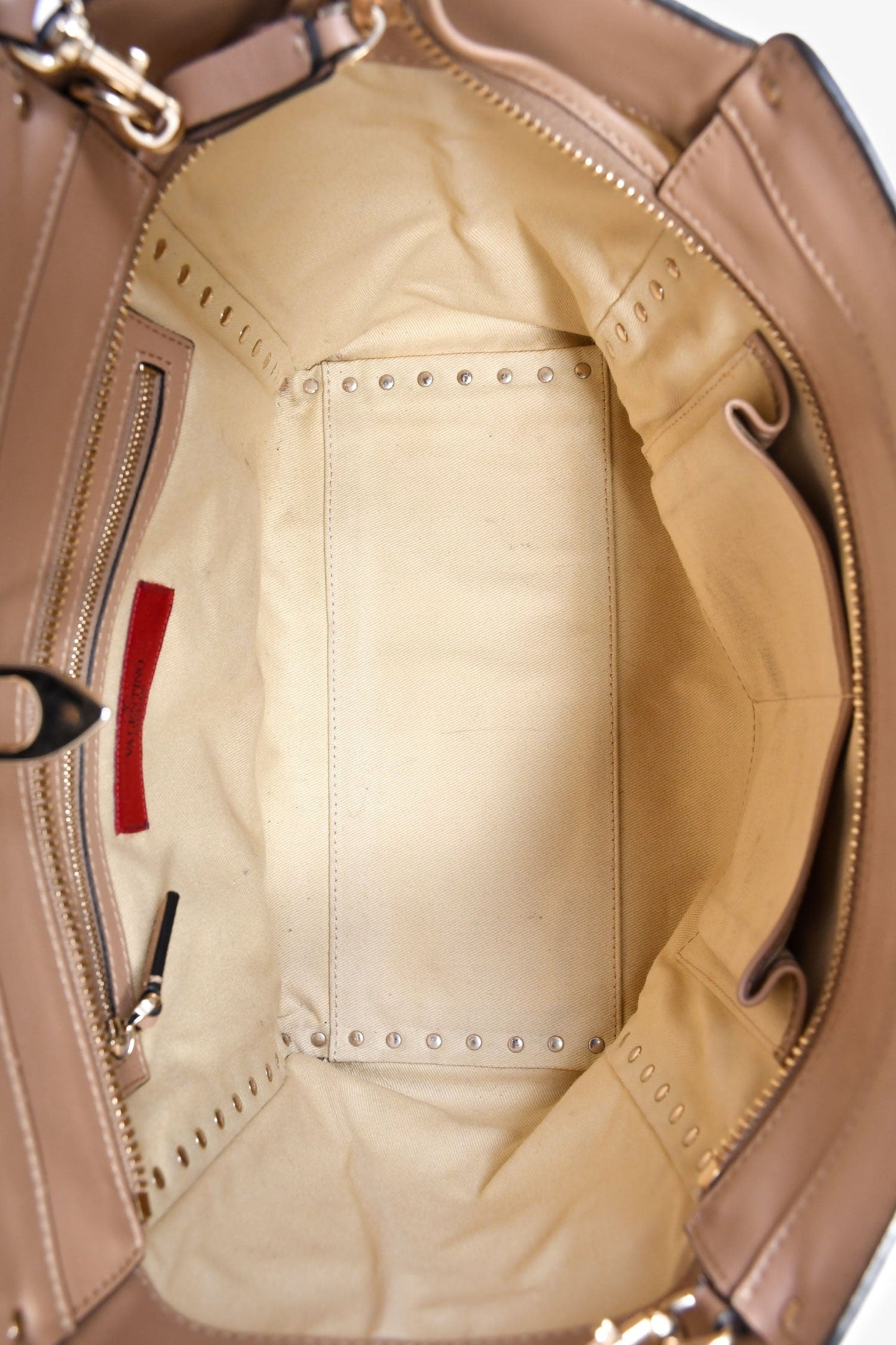 Valentino Beige Leather Small Rockstud Trapeze Tote with Strap
