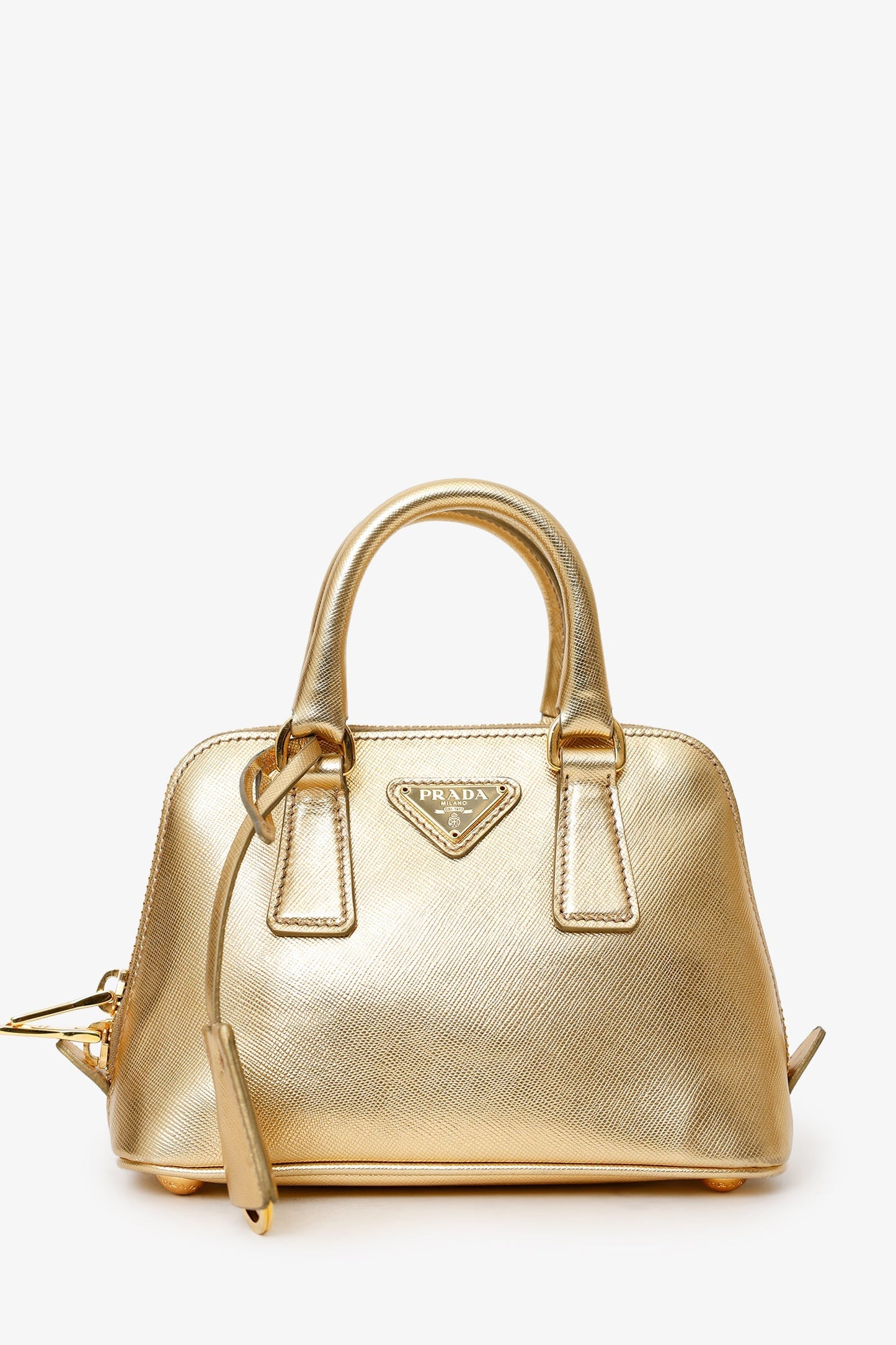 Prada Metallic Gold Saffiano Lux Leather Mini Promenade Crossbody Bag With Strap