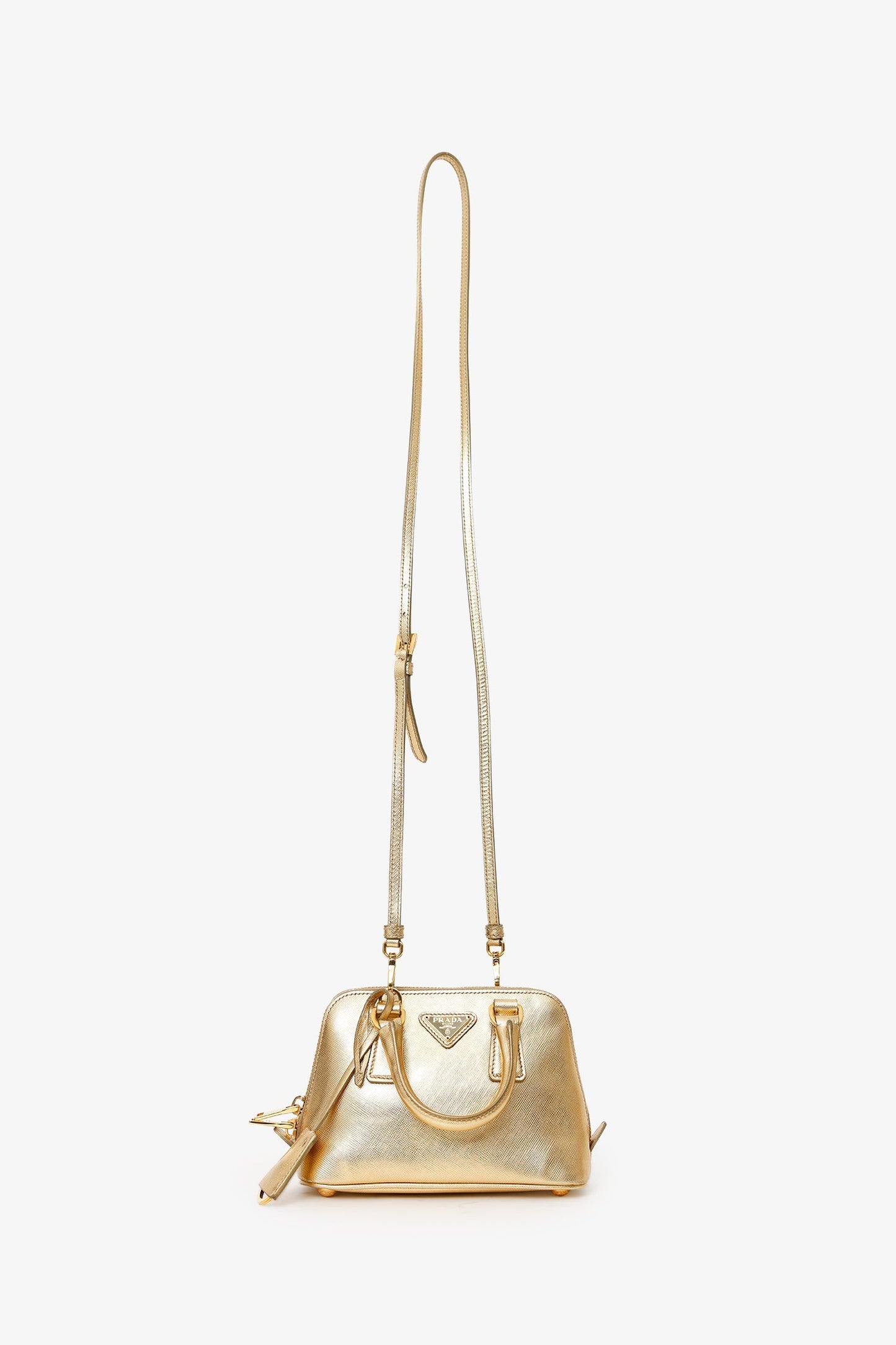 Prada Metallic Gold Saffiano Lux Leather Mini Promenade Crossbody Bag With Strap