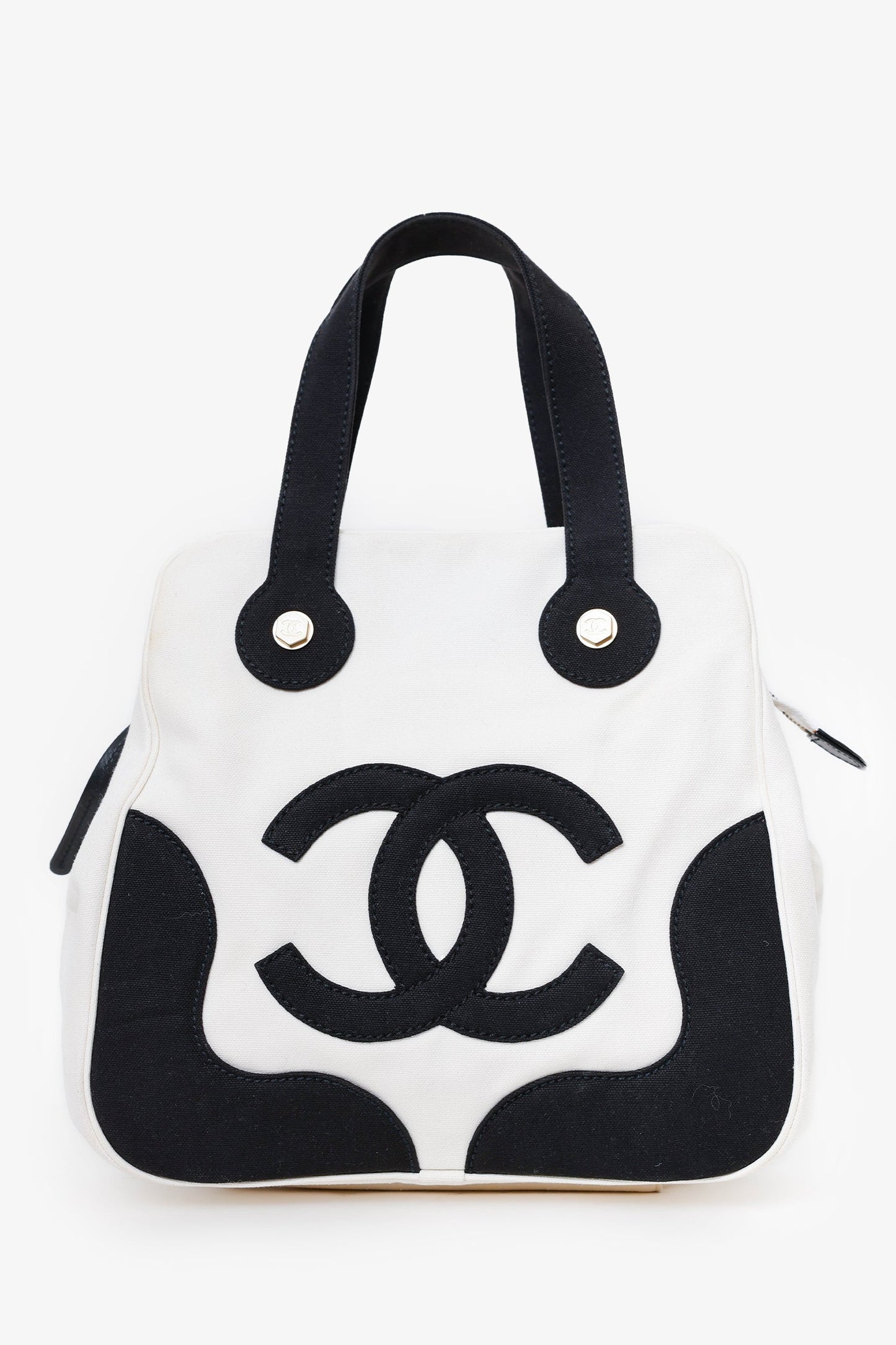 Chanel™ 2003-04 Black/White Canvas Marshmallow CC Handle Bag