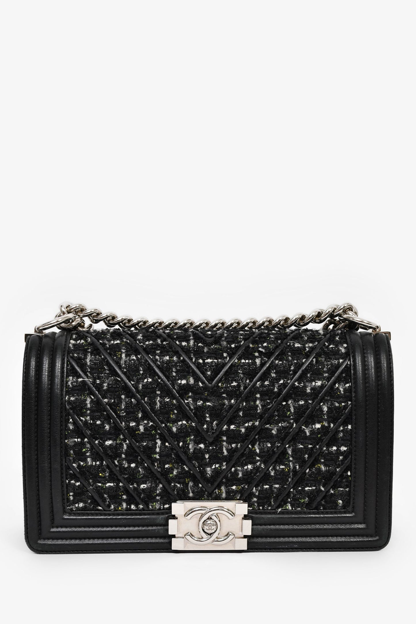 Chanel™ 2017 Black Leather Tweed Medium Boy Bag
