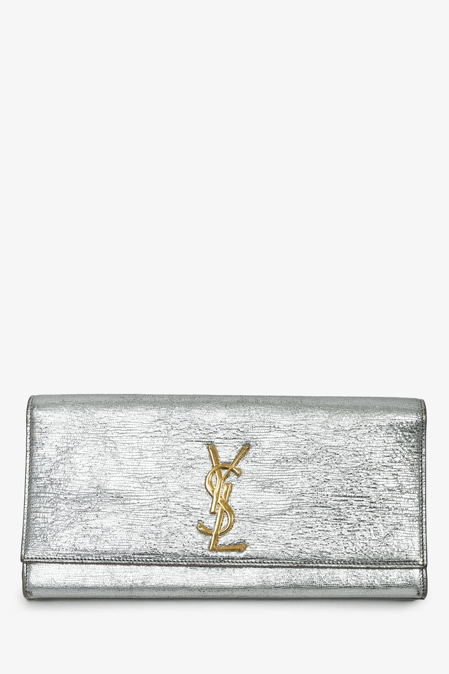 Saint Laurent Silver Metallic Leather Cassandre Clutch