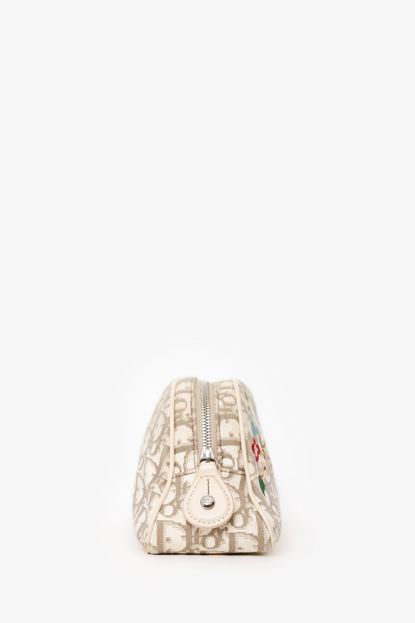 Christian Dior 2005 Beige/Cream Canvas Floral Embroidered Oblique Pouch