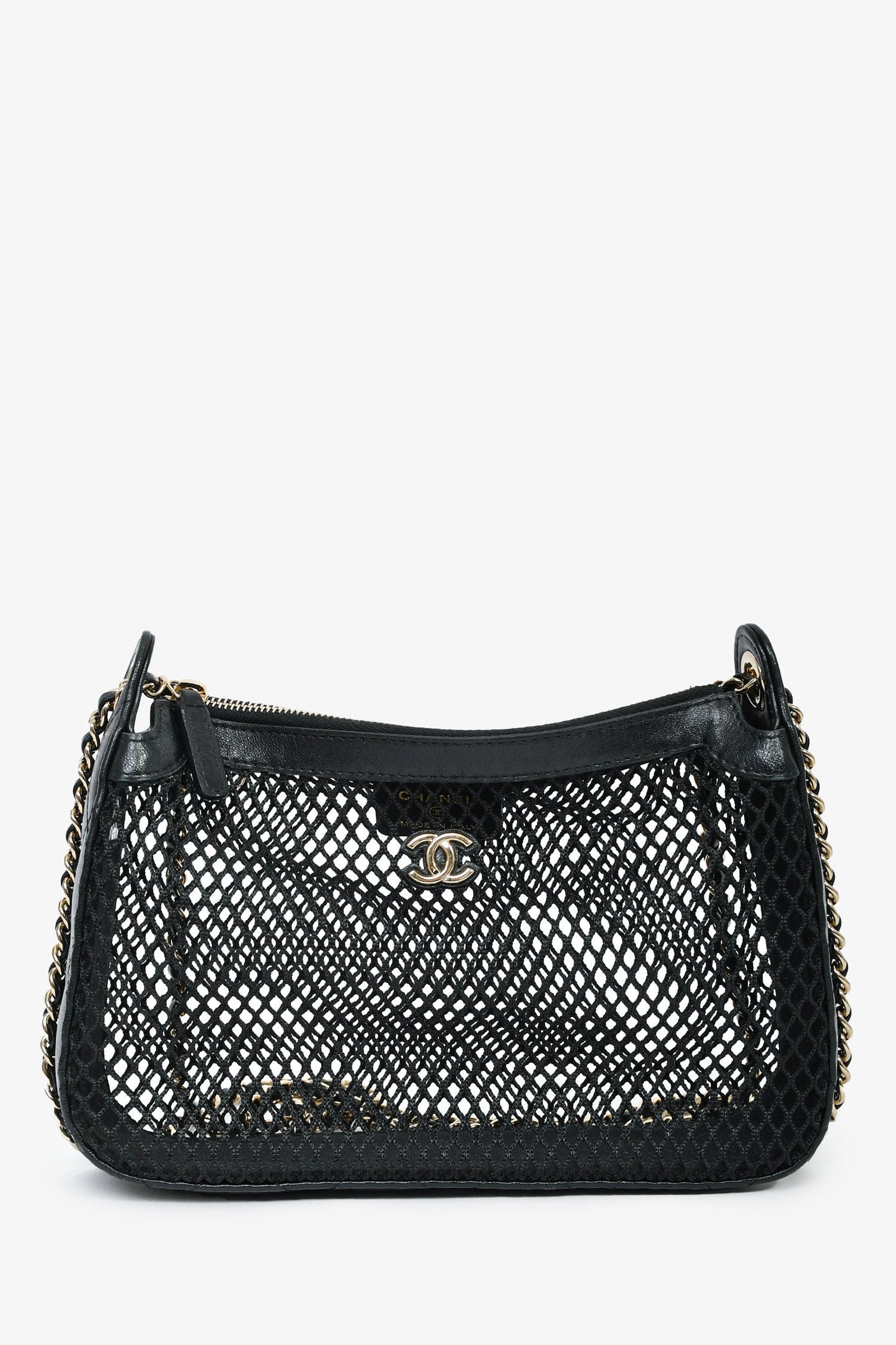 Chanel™ 2025 Black Mesh Shiny Lambskin Chain Clutch with Pouch