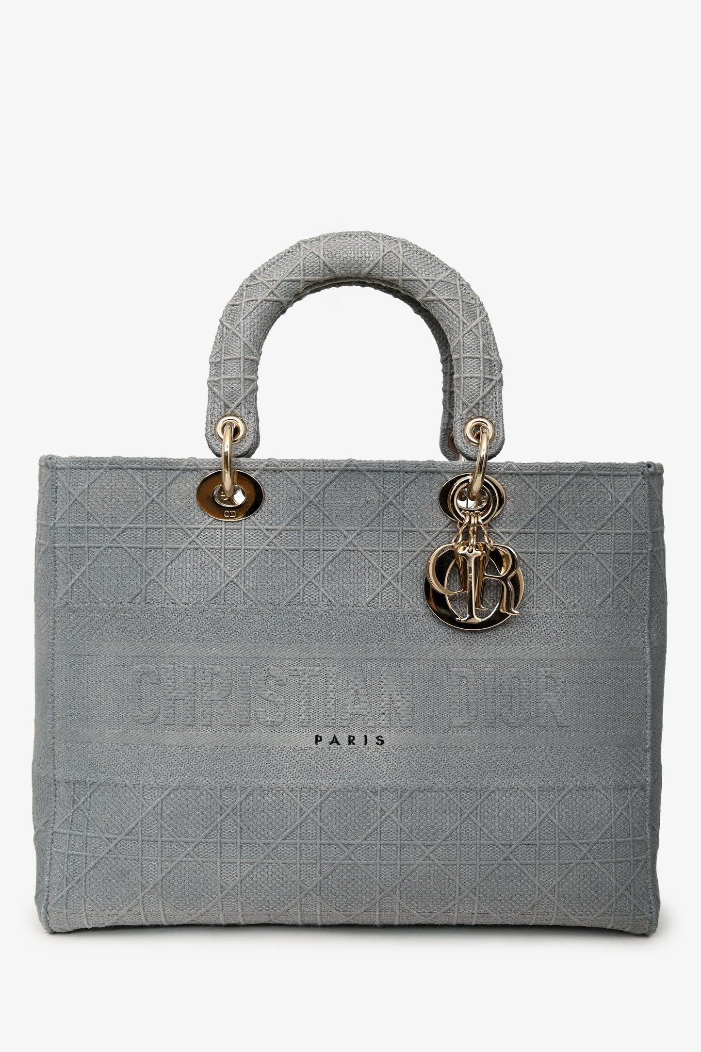 Christian Dior 2020 Grey Cannage Embroidered Canvas Large Lady D-Lite With Strap