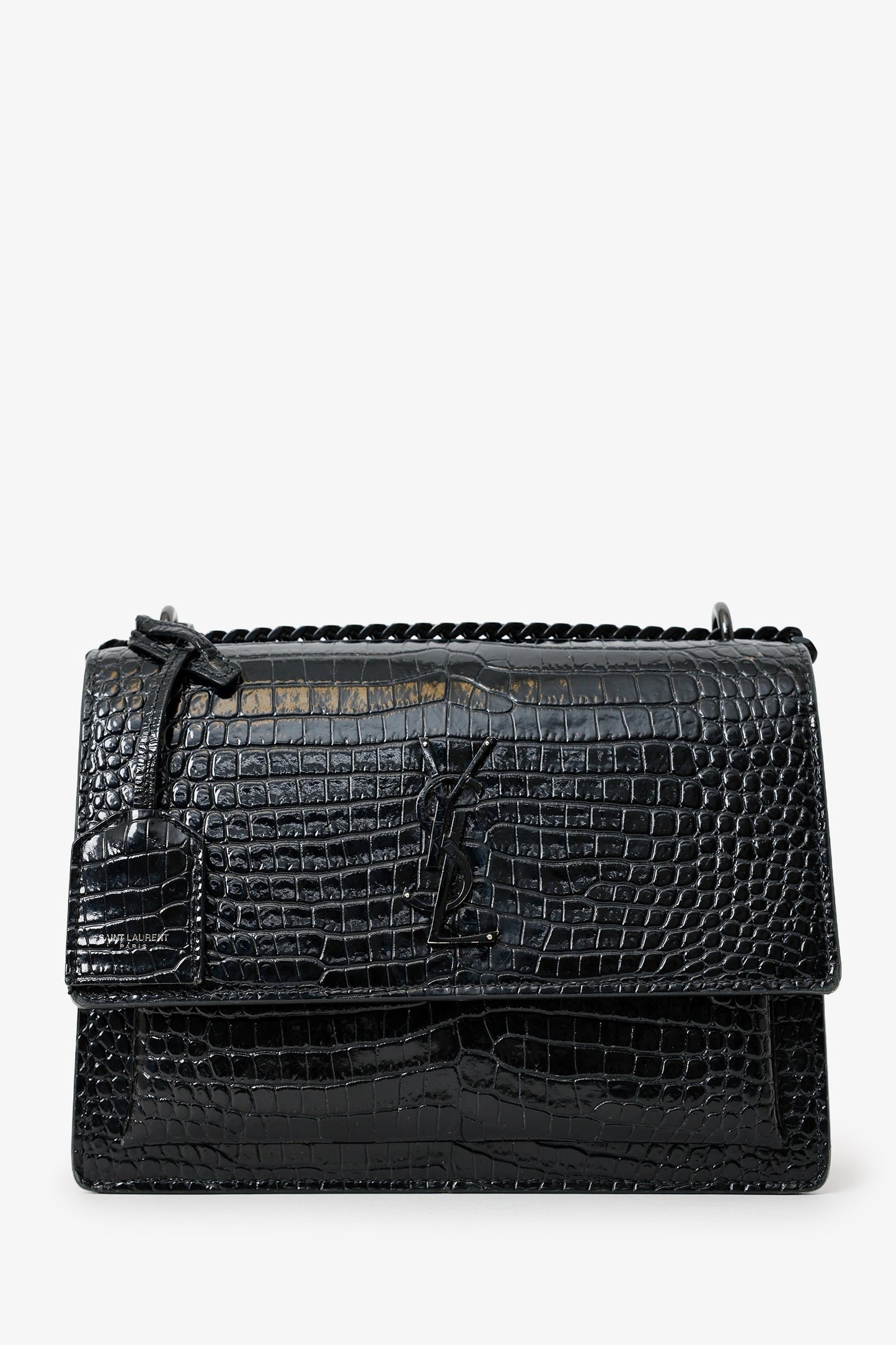 Saint Laurent So Black Croc Embossed Leather Medium 'Sunset' Shoulder Bag