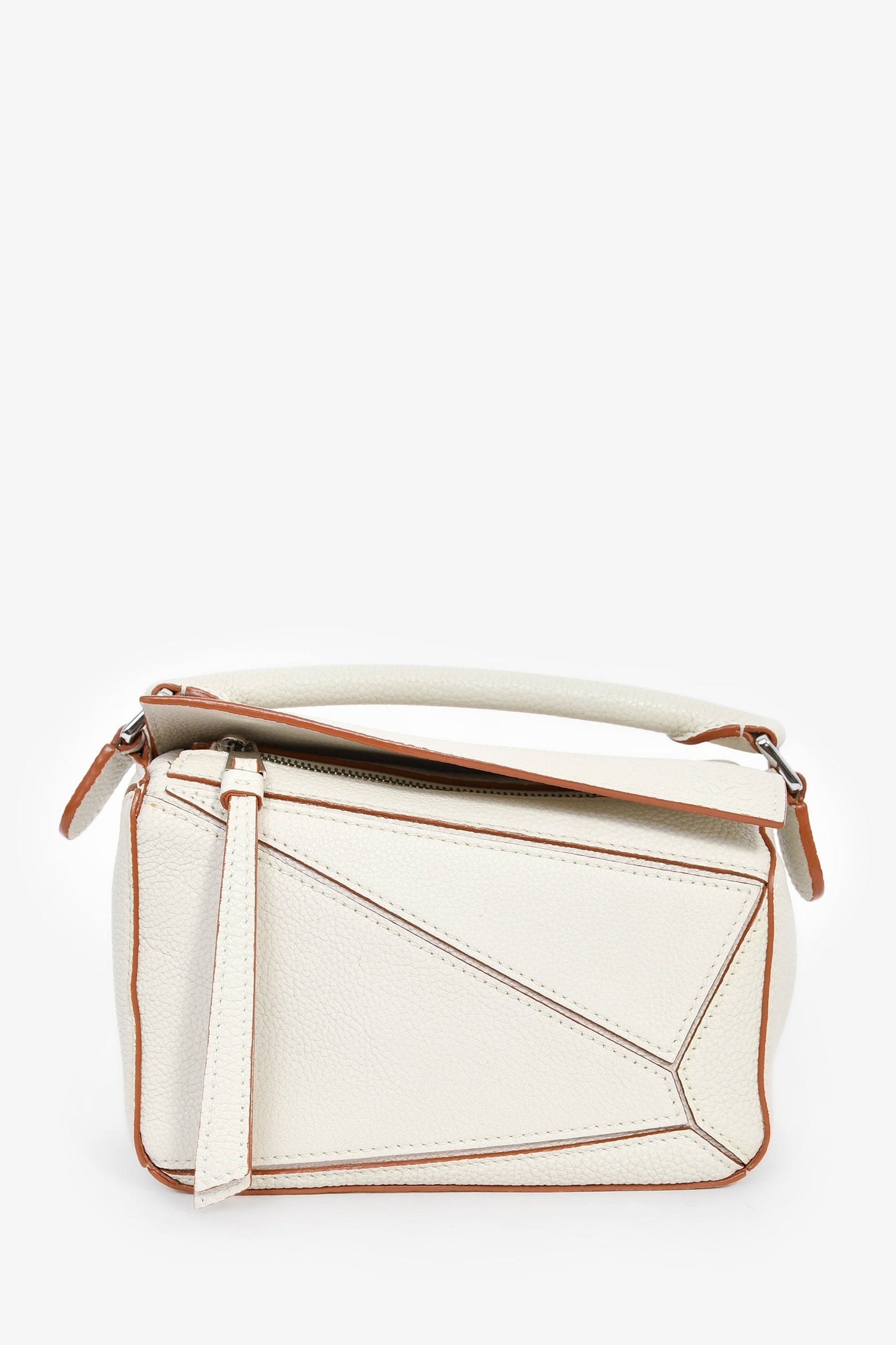 Loewe 2021 White/Brown Contrast Leather Mini Puzzle Bag with Strap
