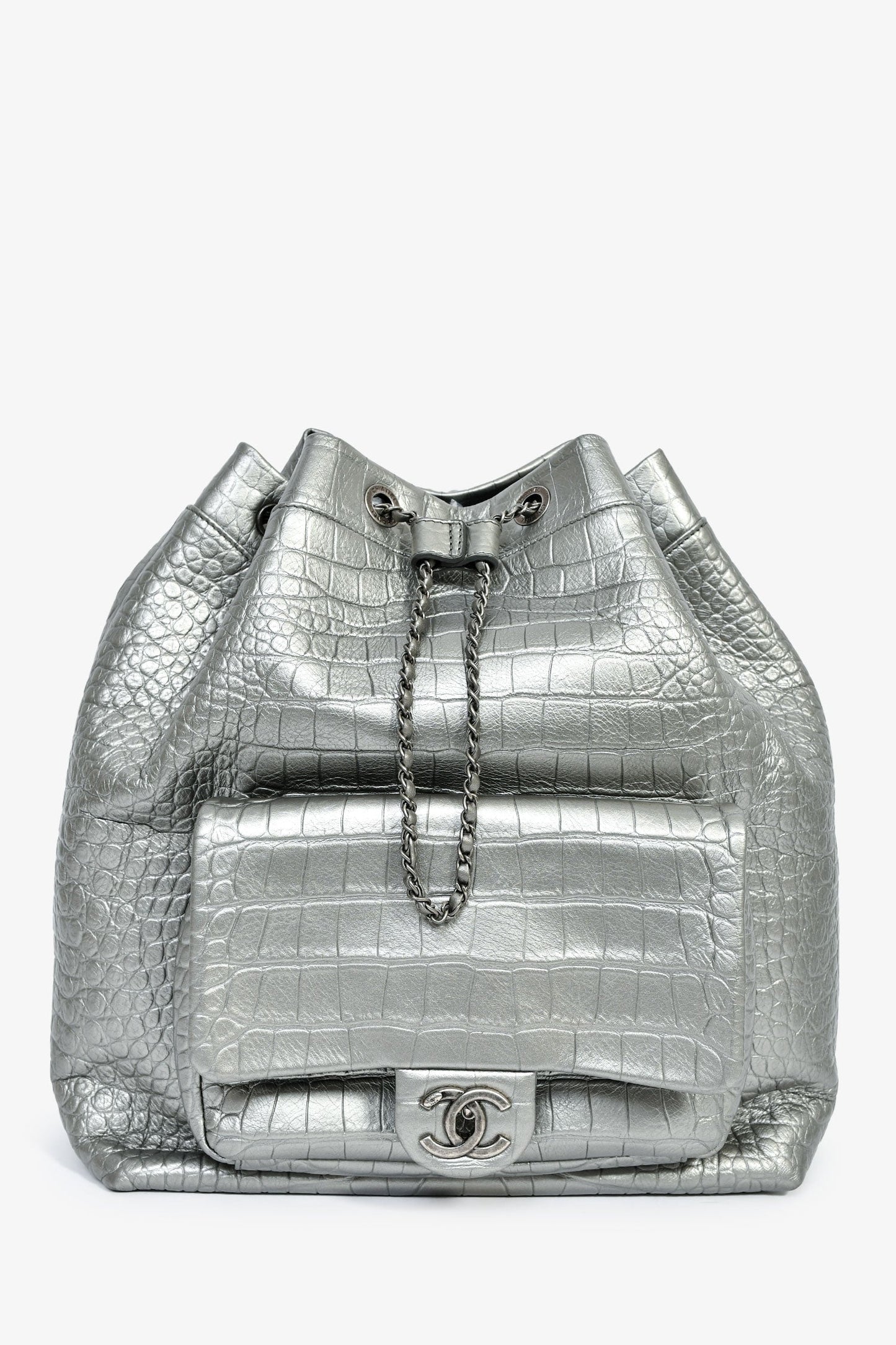 Chanel™ 2019 Silver Croc Embossed Pocket Backpack