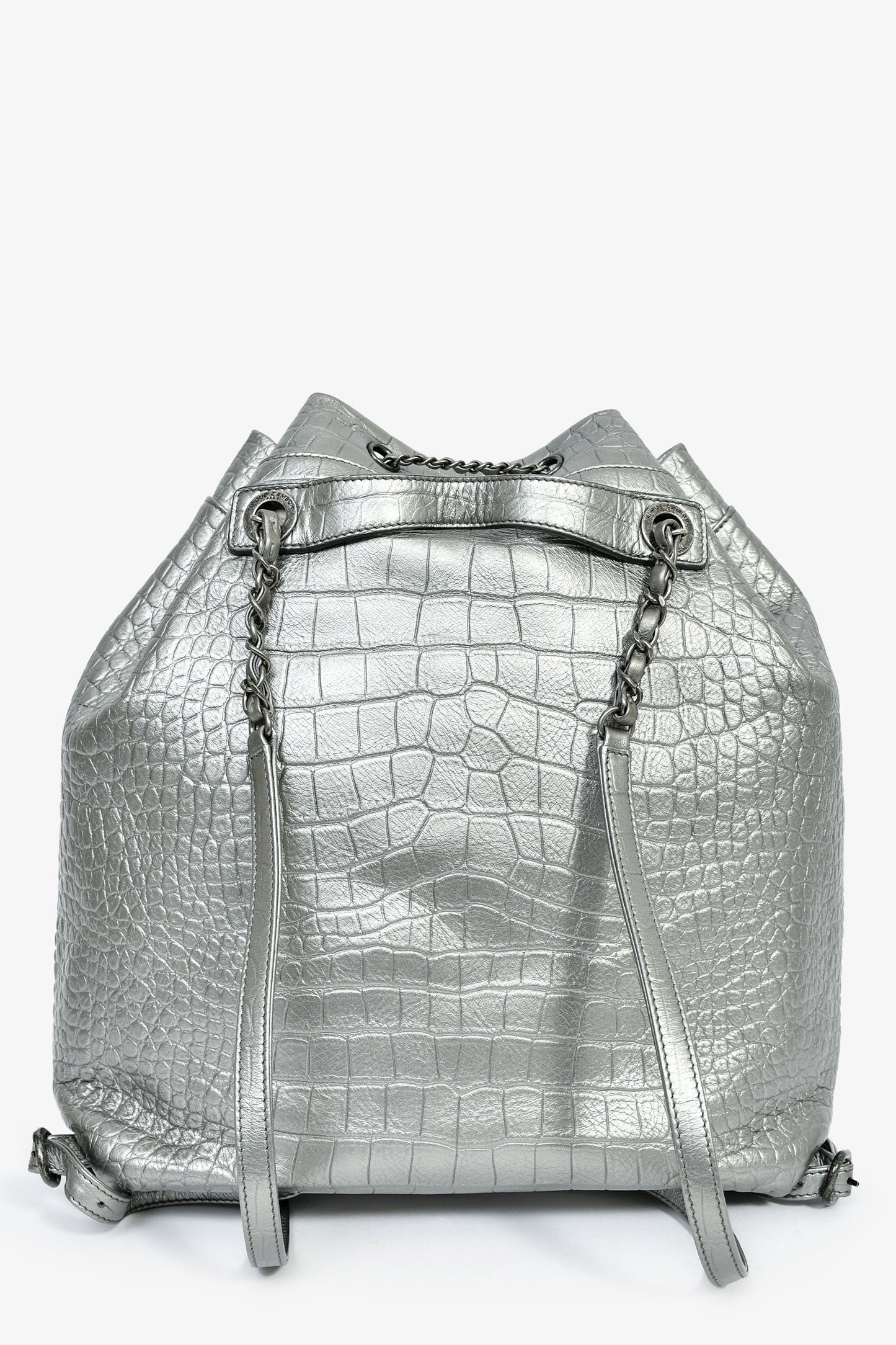 Chanel™ 2019 Silver Croc Embossed Pocket Backpack