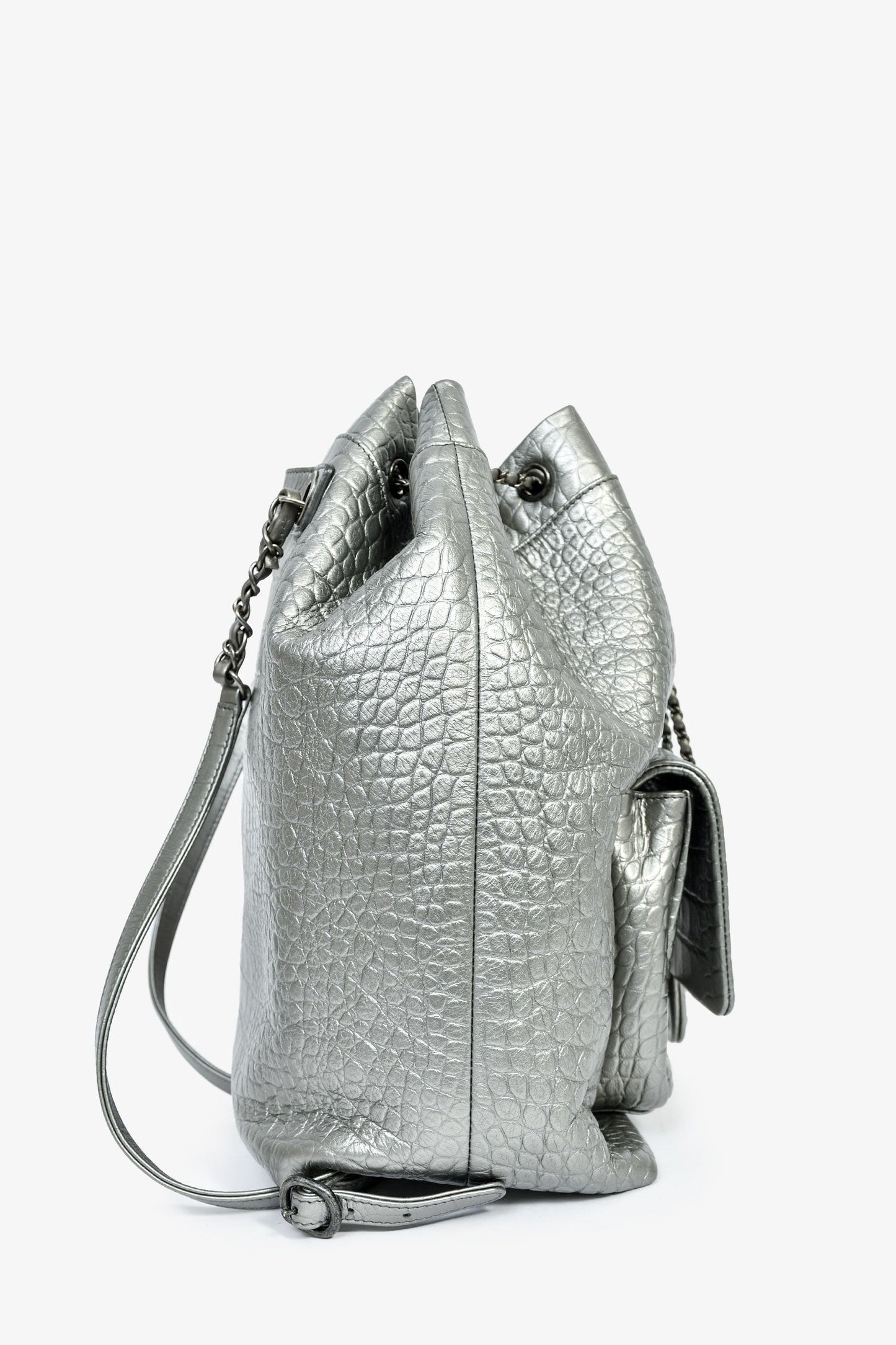 Chanel™ 2019 Silver Croc Embossed Pocket Backpack