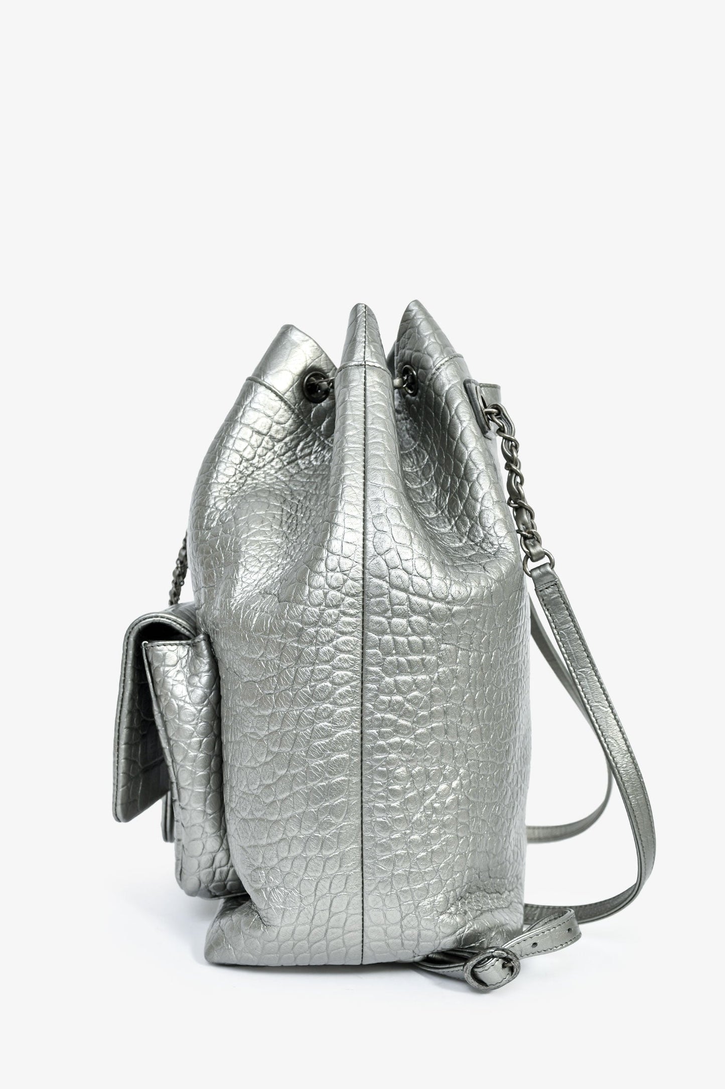 Chanel™ 2019 Silver Croc Embossed Pocket Backpack