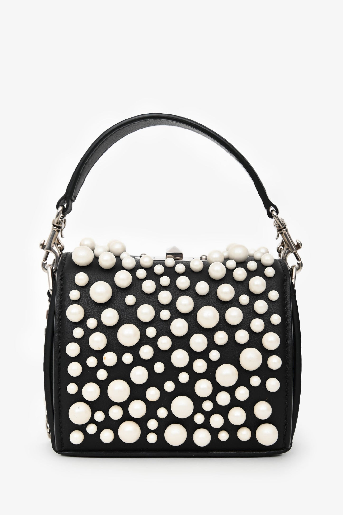 Alexander McQueen Black Leather Faux Pearl Embellished Box Crossbody