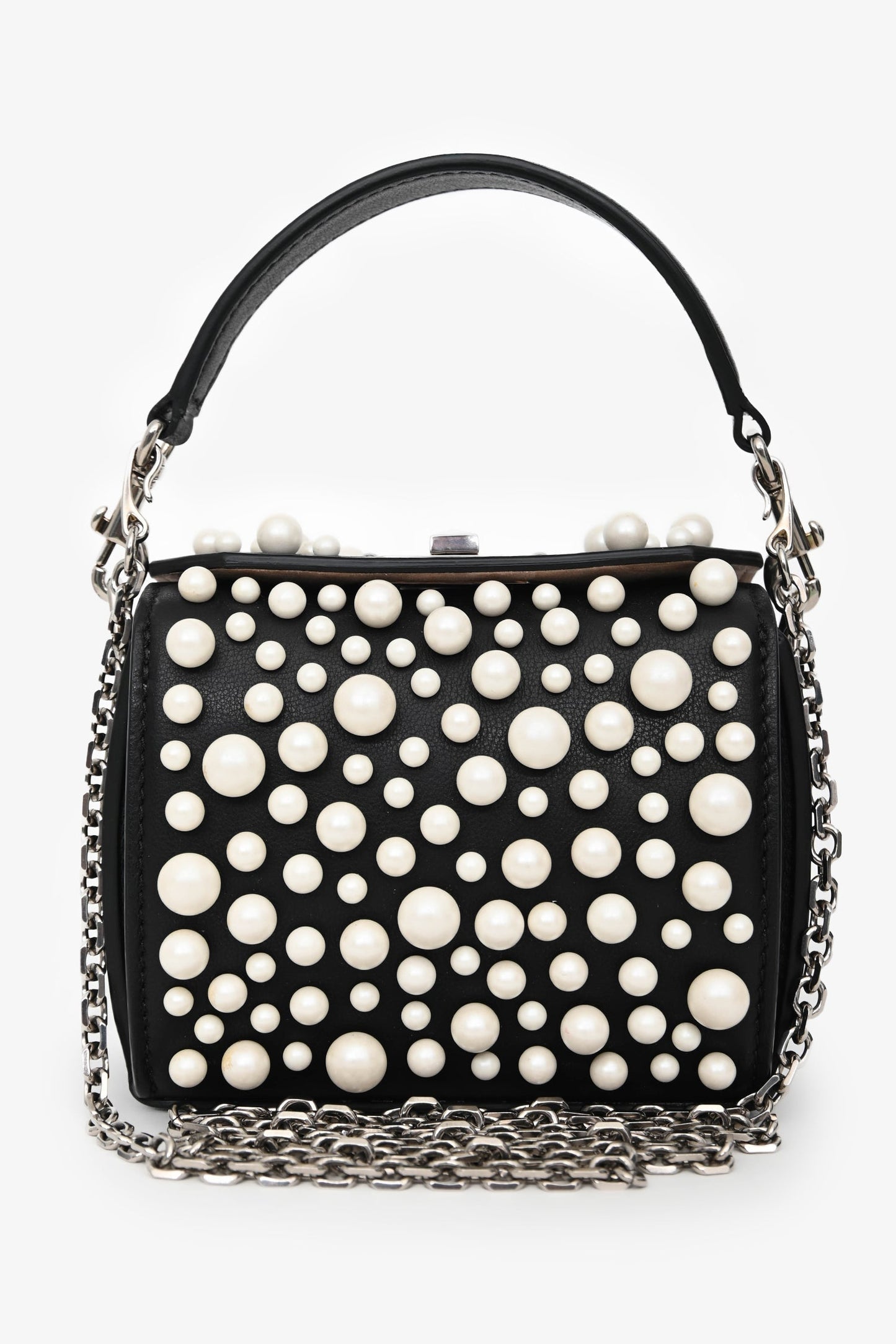 Alexander McQueen Black Leather Faux Pearl Embellished Box Crossbody