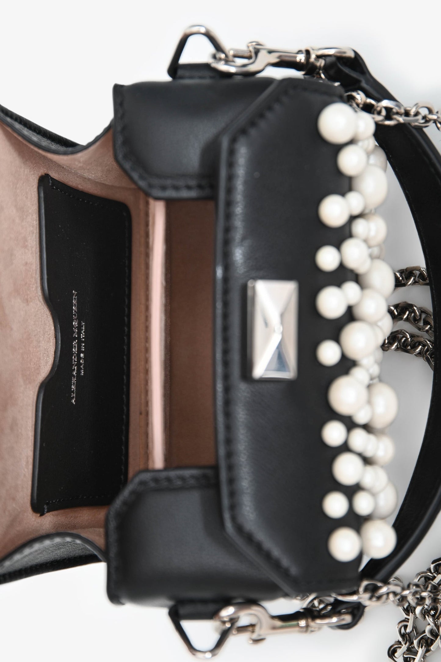 Alexander McQueen Black Leather Faux Pearl Embellished Box Crossbody