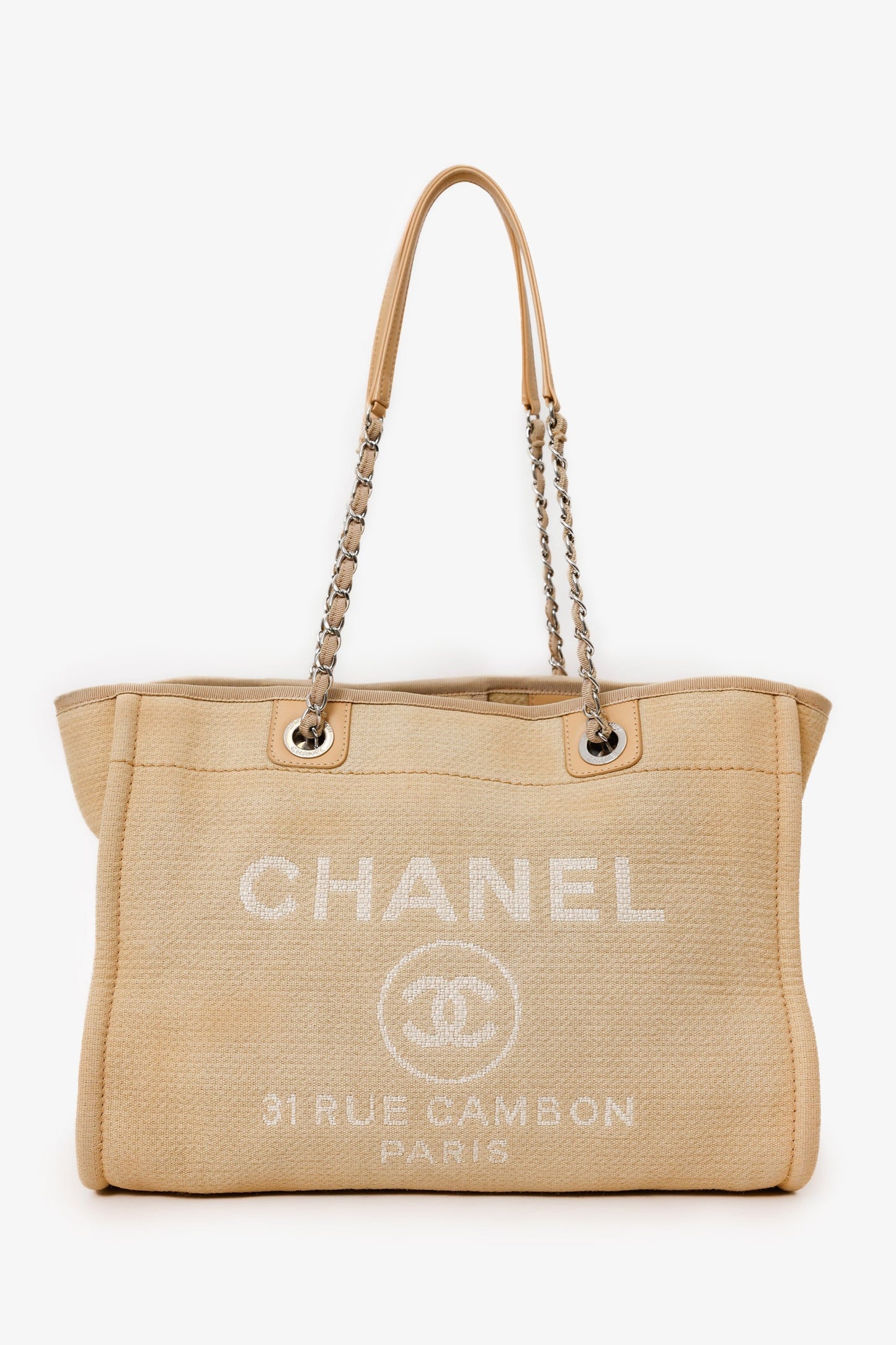 Chanel™ 2022 Beige Canvas Deauville Small Shopping Tote Bag