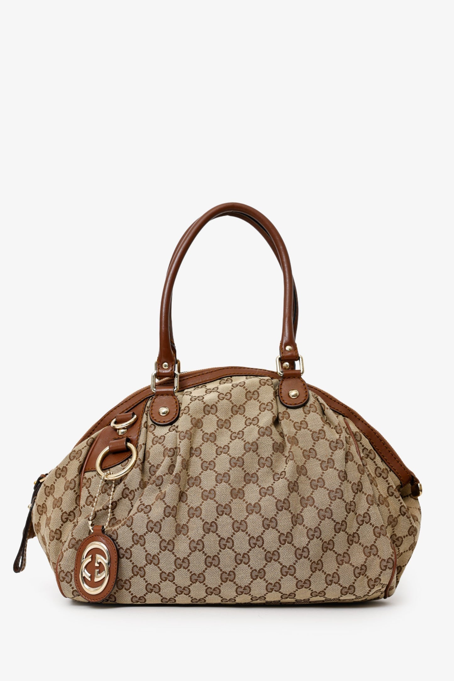 Gucci Beige/Brown GG Canvas Leather Trimmed Sukey Top Handle With Strap