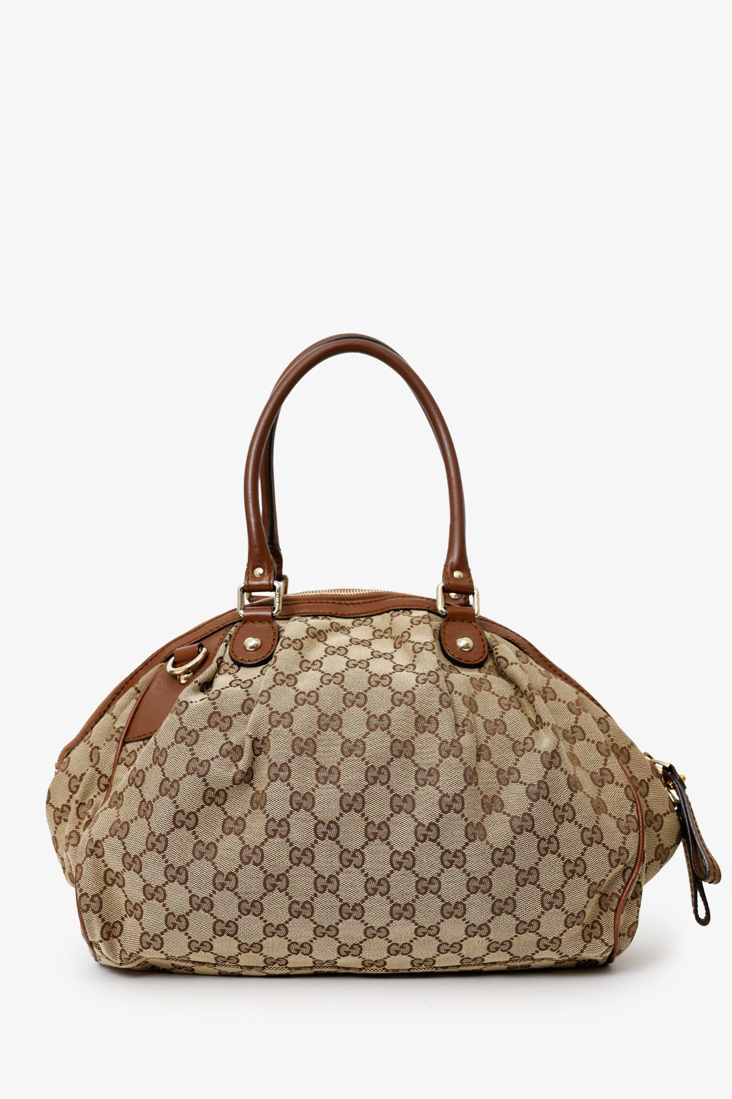 Gucci Beige/Brown GG Canvas Leather Trimmed Sukey Top Handle With Strap